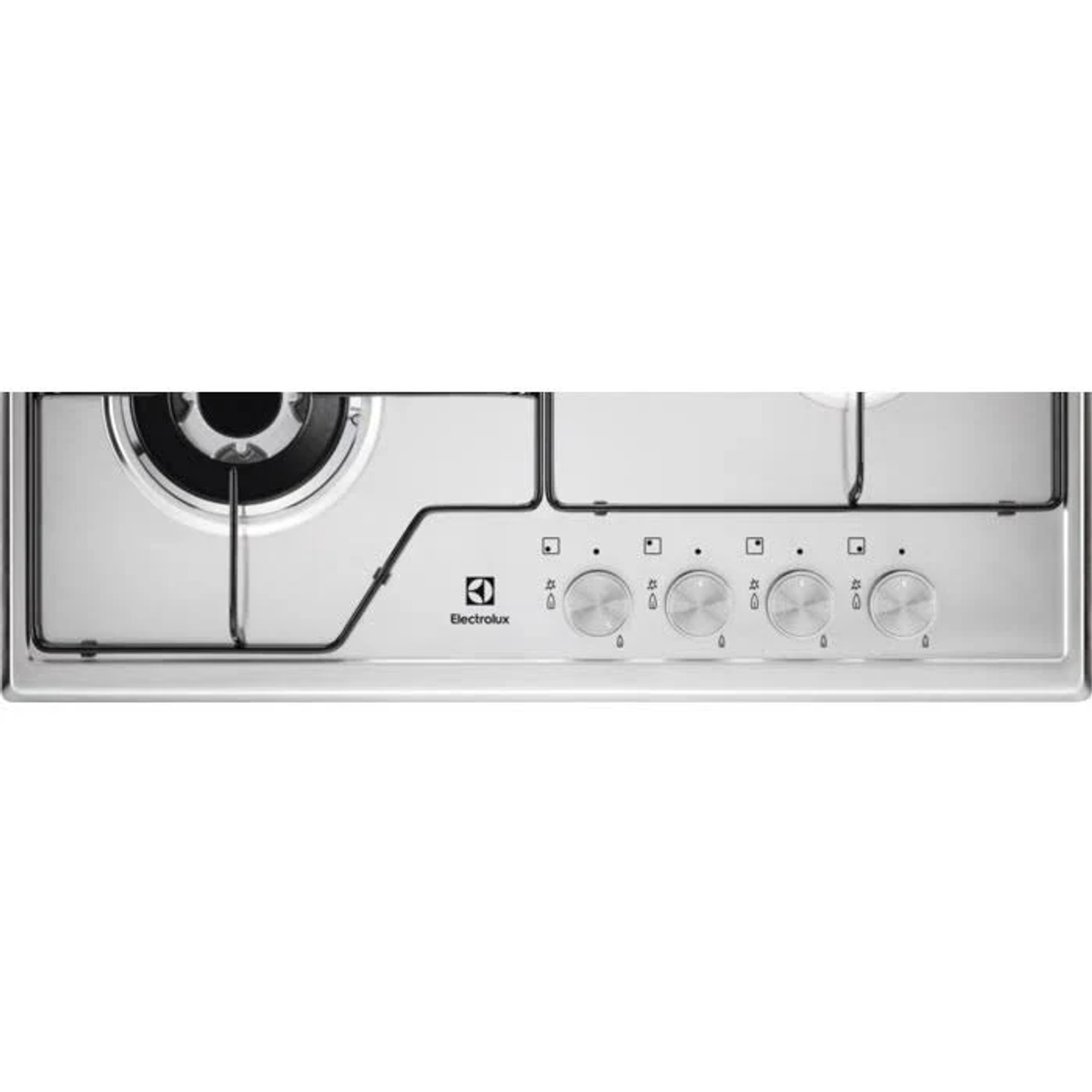 Płyta kuchenna ze stali nierdzewnej z czterema pokrętłami i palnikiem.