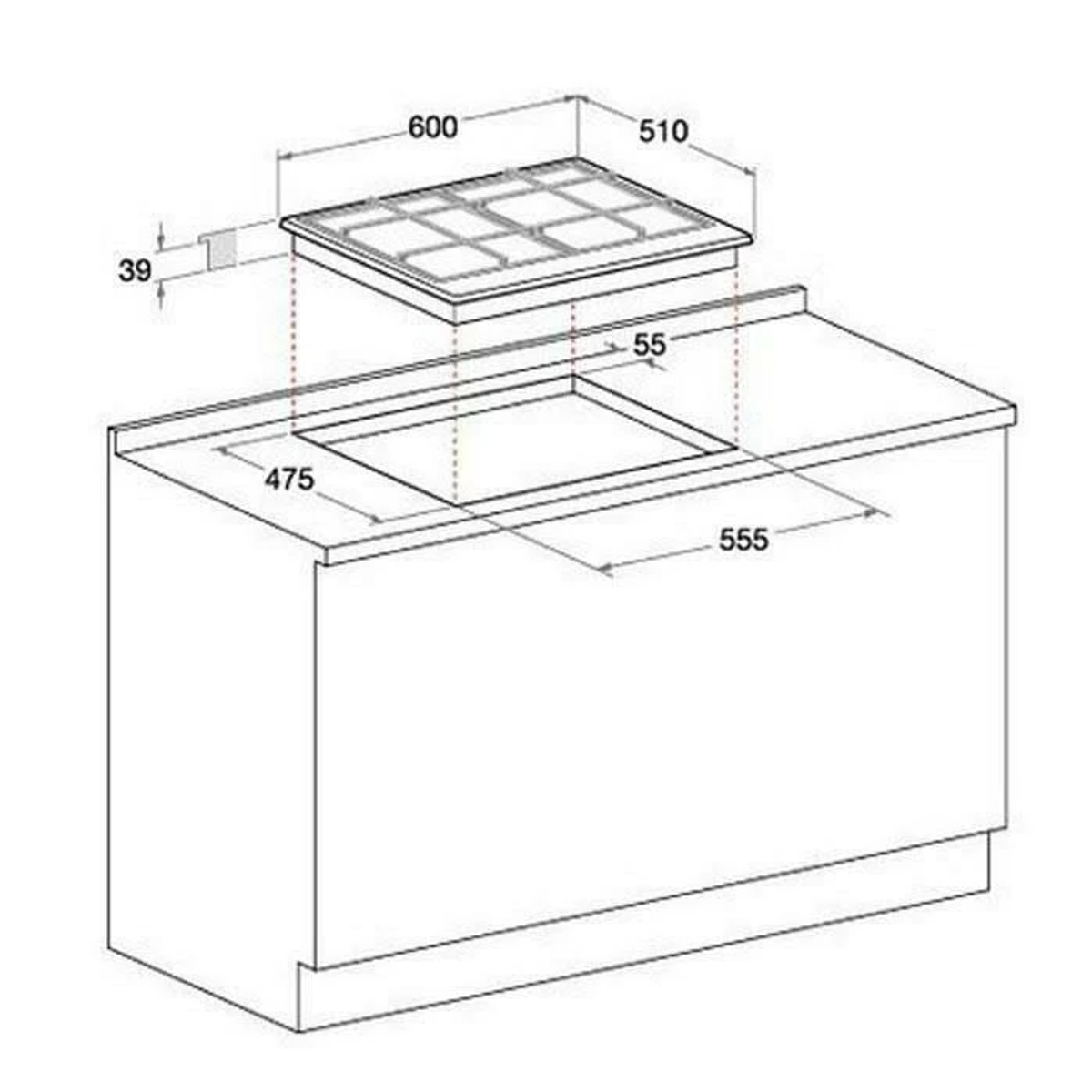 Schemat płyty grzejnej z wymiarami. Szara płyta grzejna w szarym blacie i białej szafce.