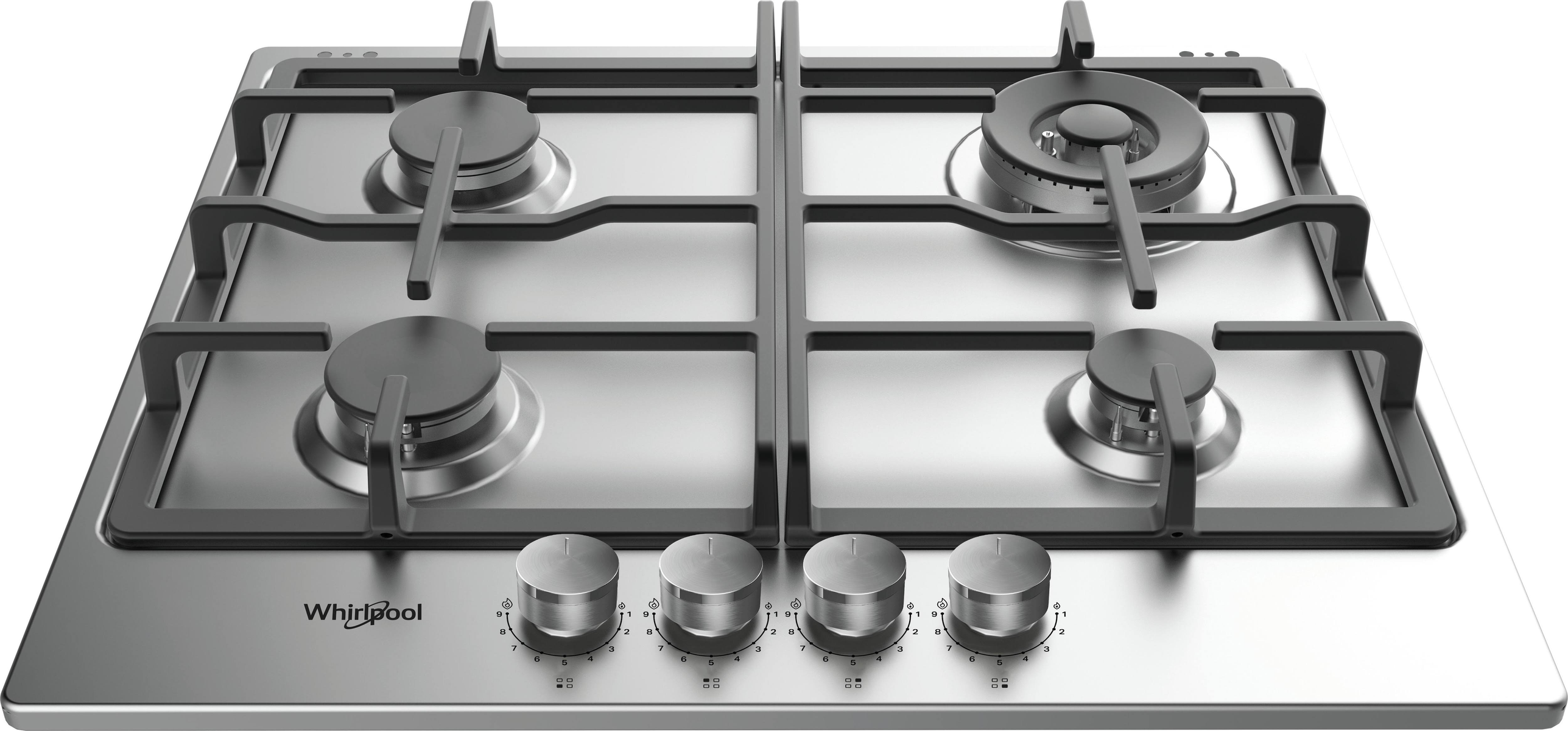 Piano cottura a gas Whirlpool in acciaio inox con quattro fuochi.