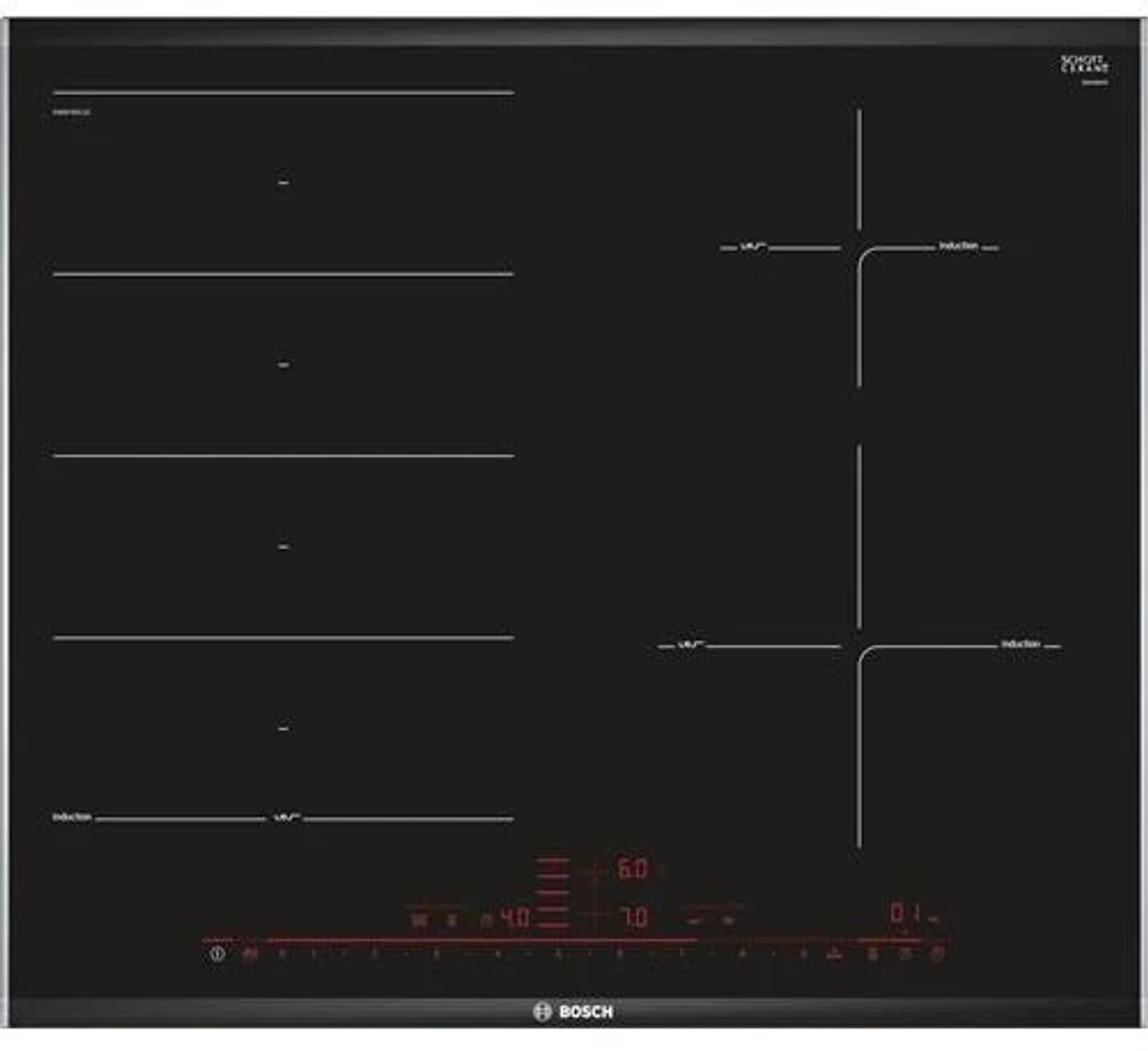 Table de cuisson à induction Bosch noire avec commandes tactiles. L'affichage rouge est allumé.