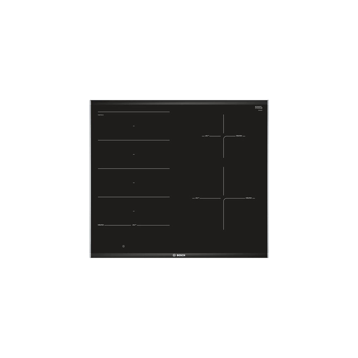 Table de cuisson en céramique noire avec marquages blancs et le logo Bosch.