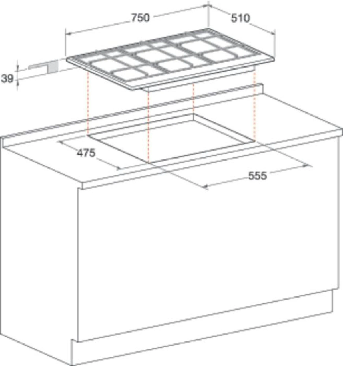 Ilustracja kuchenki gazowej z wymiarami. Kuchenka na blacie, z pomiarami.