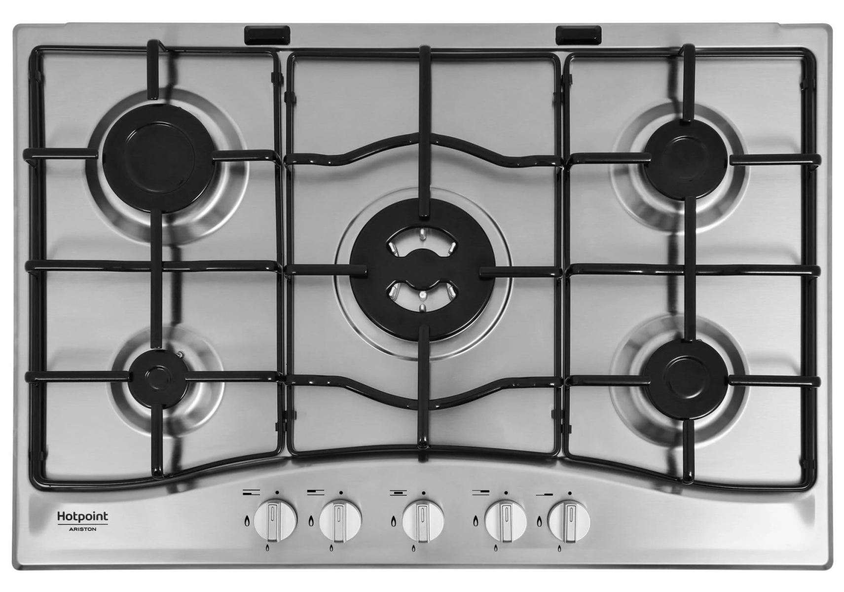 Płyta gazowa ze stali nierdzewnej z pięcioma palnikami i pokrętłami z przodu.