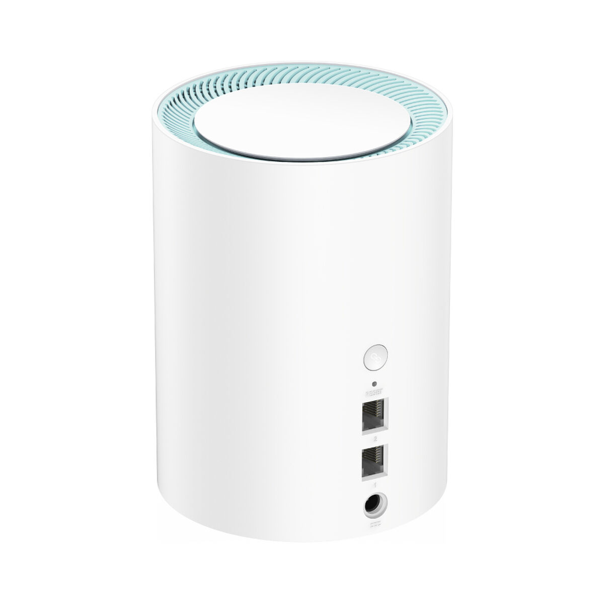Weißer zylindrischer Router mit blauem Deckel. Hat Anschlüsse und einen Power-Knopf hinten.