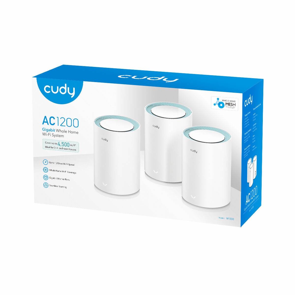 Cudy AC1200 WLAN-Router-Box-Set. Zu den Merkmalen gehört die Abdeckung des gesamten Hauses.
