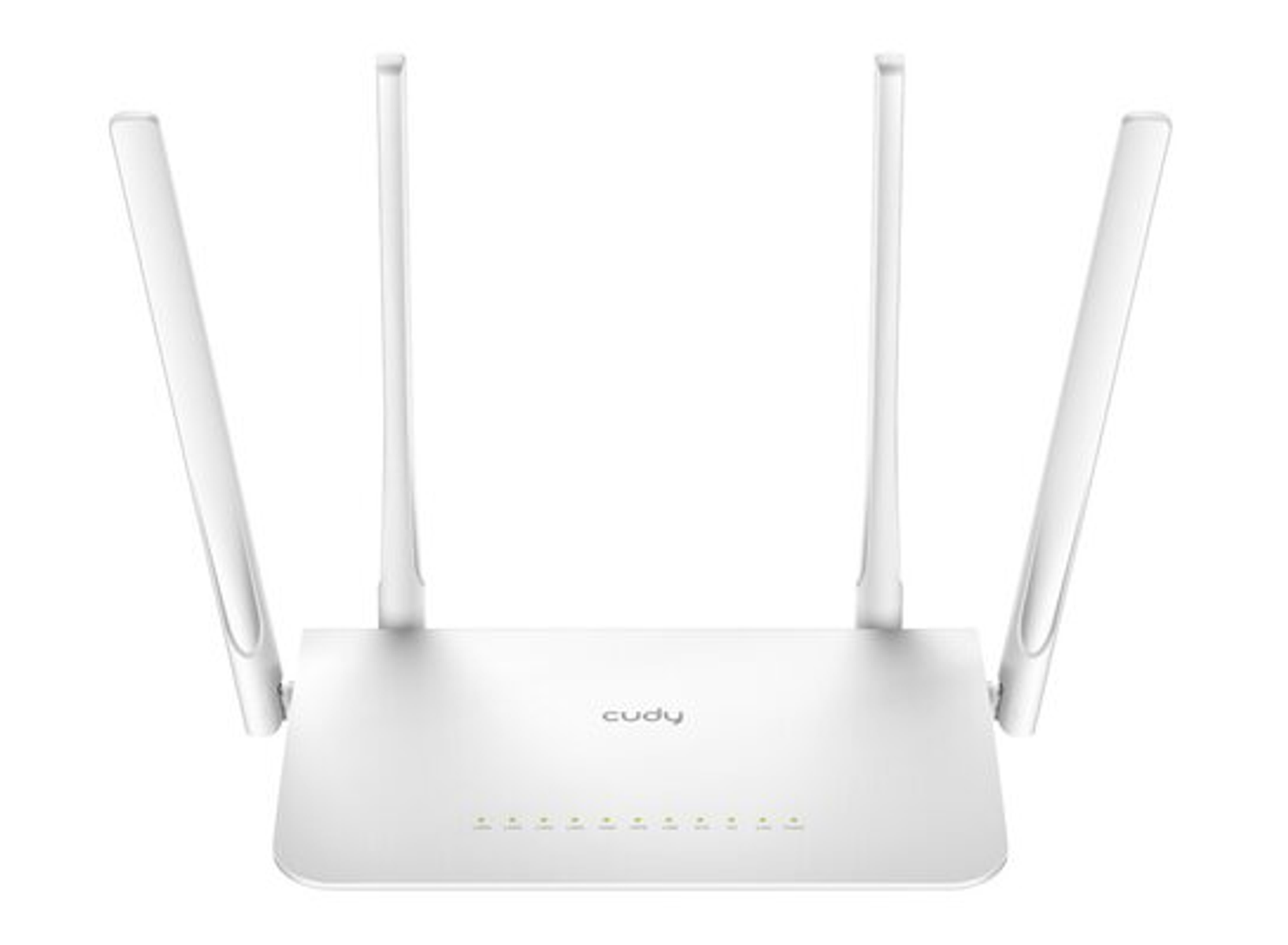 Witte Cudy router met vier antennes. Witte achtergrond.