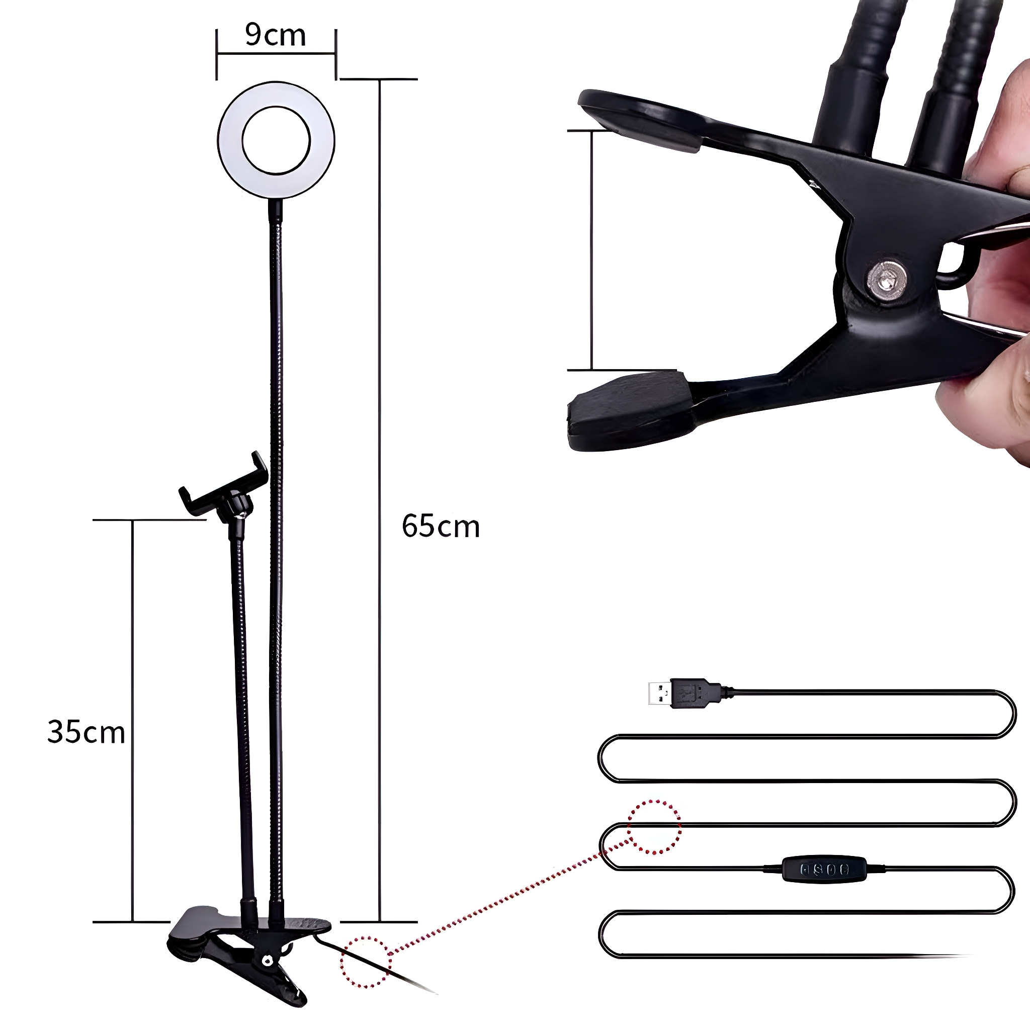Ein Selfie-Licht mit Handyhalter. Es hat ein rundes Licht und einen flexiblen Arm. Schwarzer Fuß und Klemme.