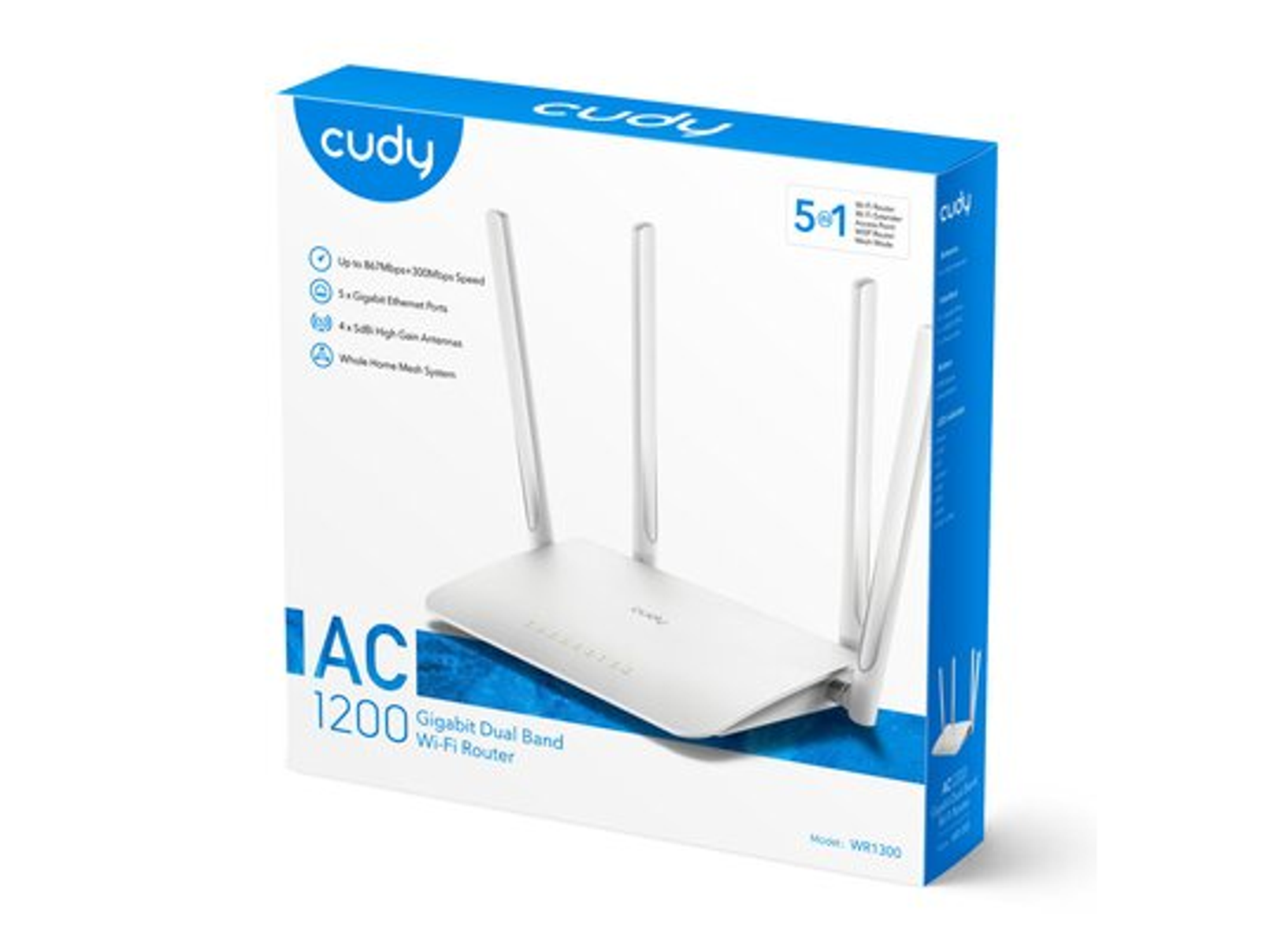 Witte router met drie antennes en een blauwe doos met productdetails.