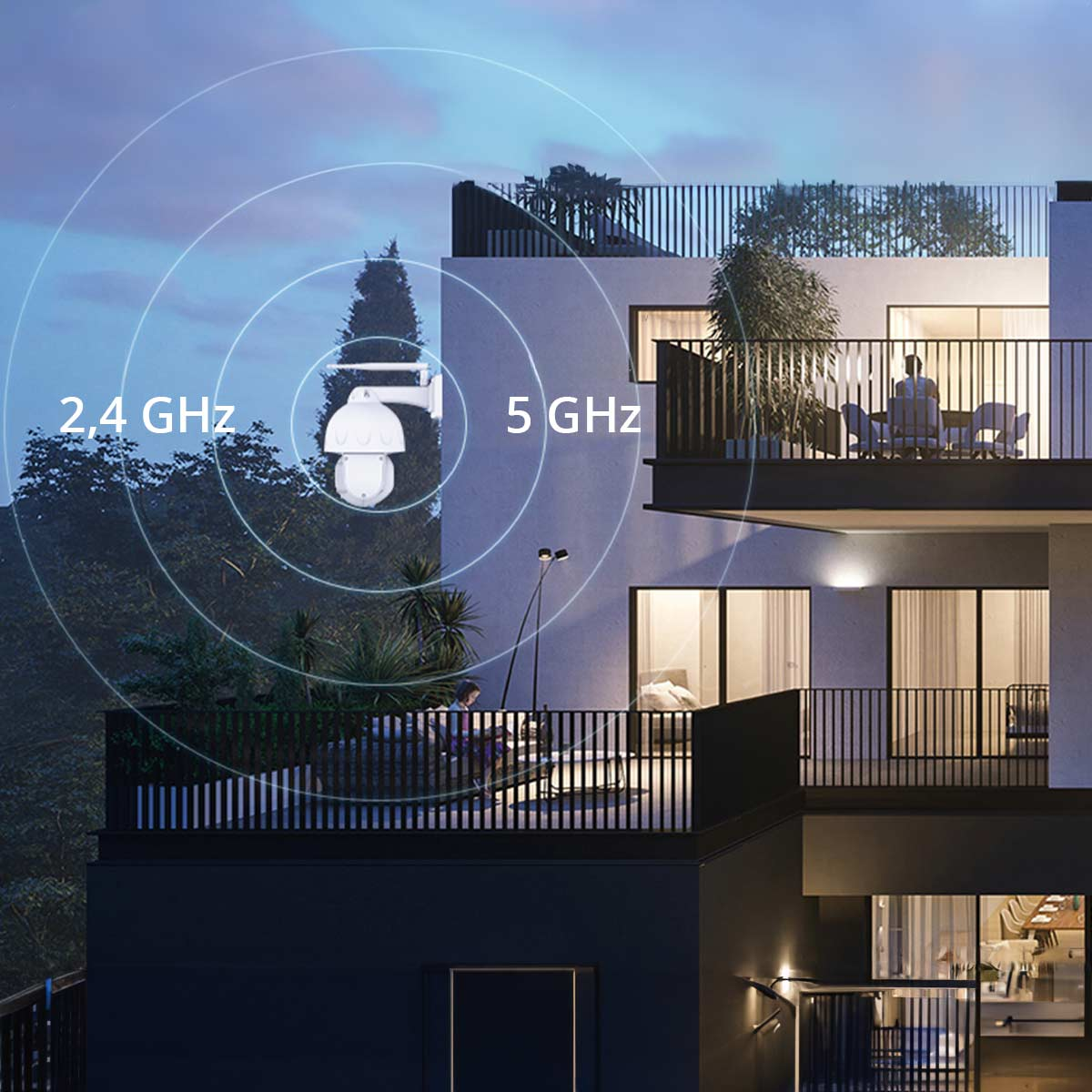 Eine weiße Überwachungskamera an einem Gebäude mit 2,4 GHz und 5 GHz Etiketten.