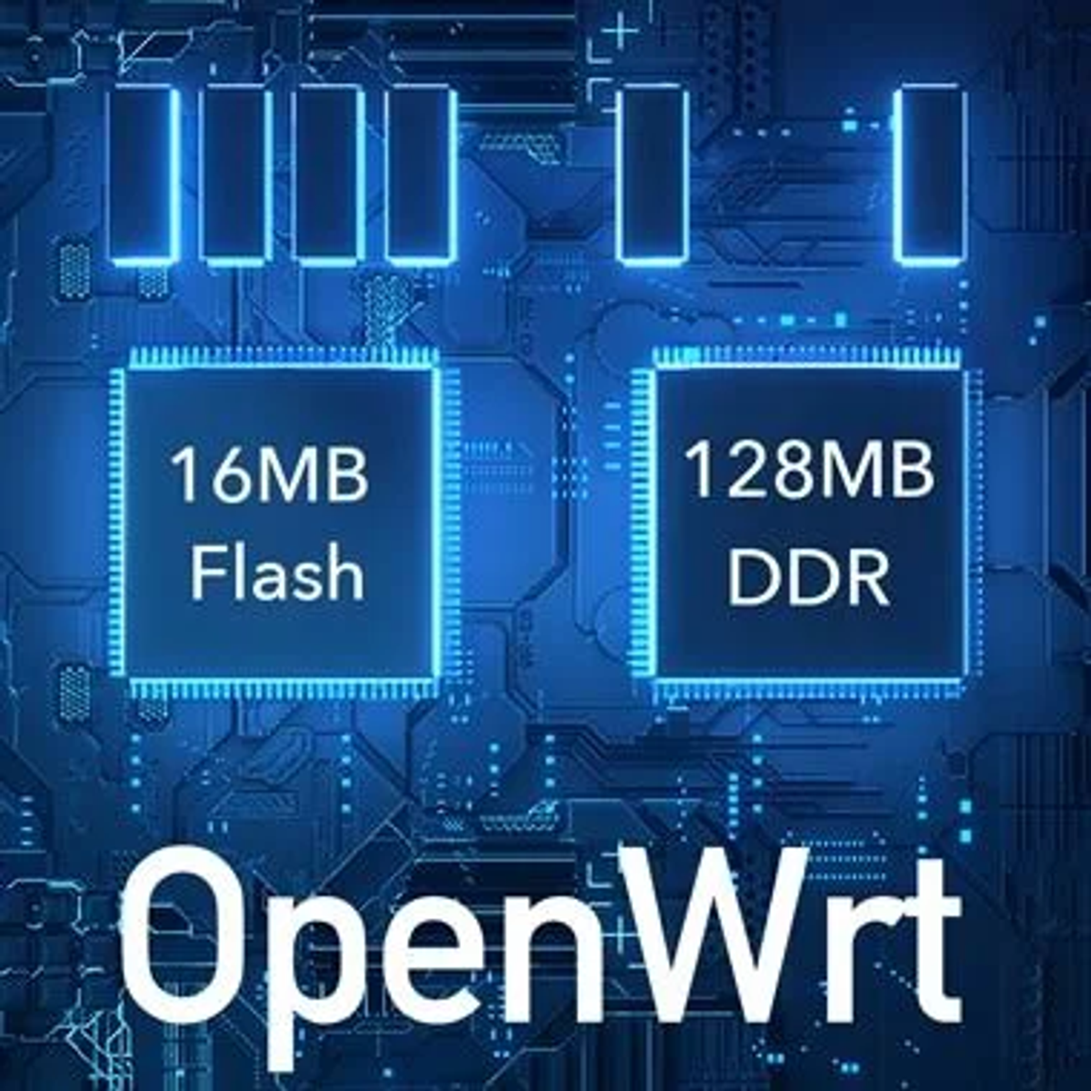Close-up van een printplaat met de tekst OpenWrt en twee gelabelde geheugenchips: 16MB Flash, 128MB DDR.