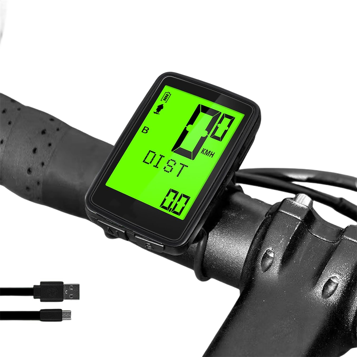 Ein schwarzer Fahrradcomputer zeigt '00' km/h und '00' DIST auf einem grünen Bildschirm. Schwarzer Lenker.