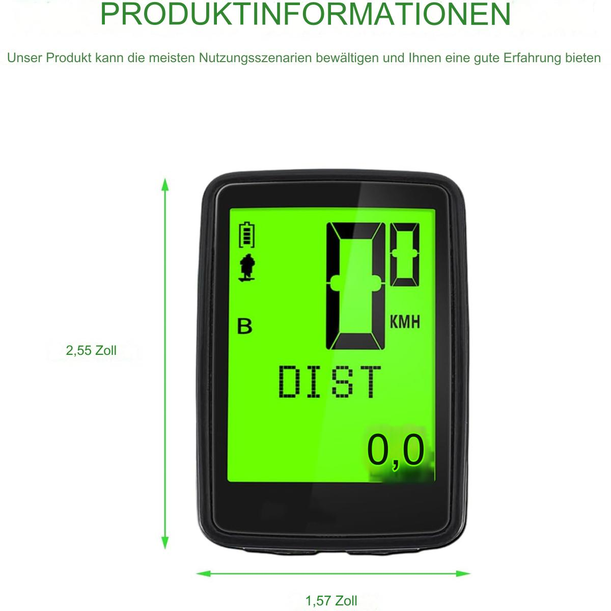 Schwarzer und grüner digitaler Fahrradcomputer, der Geschwindigkeit, Entfernung und Akkulaufzeit anzeigt.