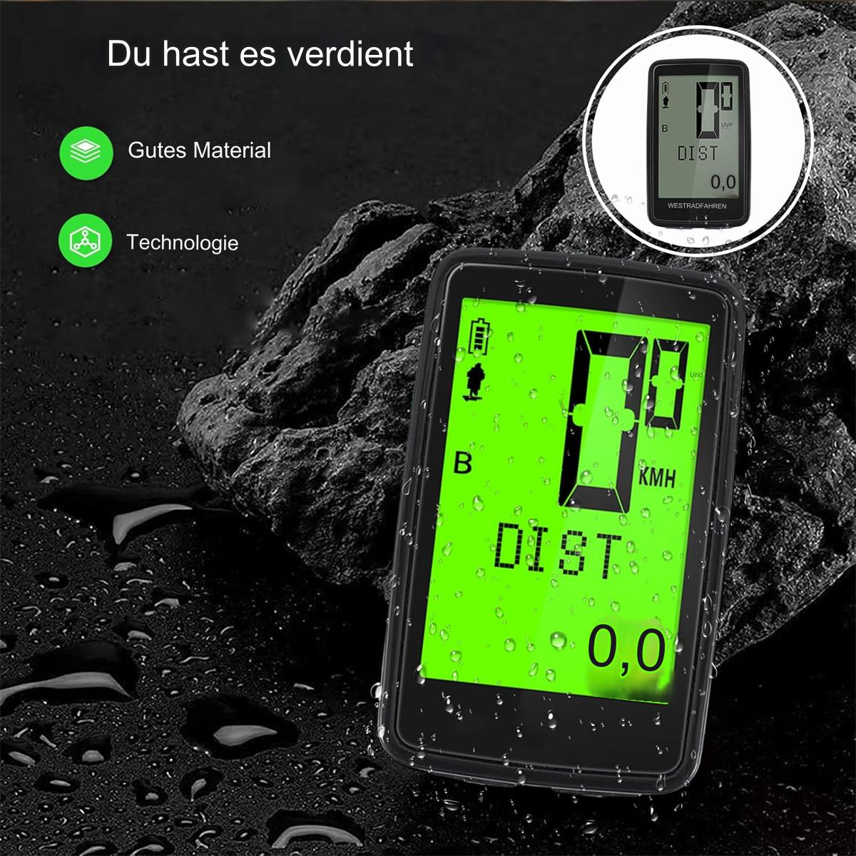 Schwarzer Fahrradcomputer mit Geschwindigkeits- und Distanzanzeige, grünes Display.