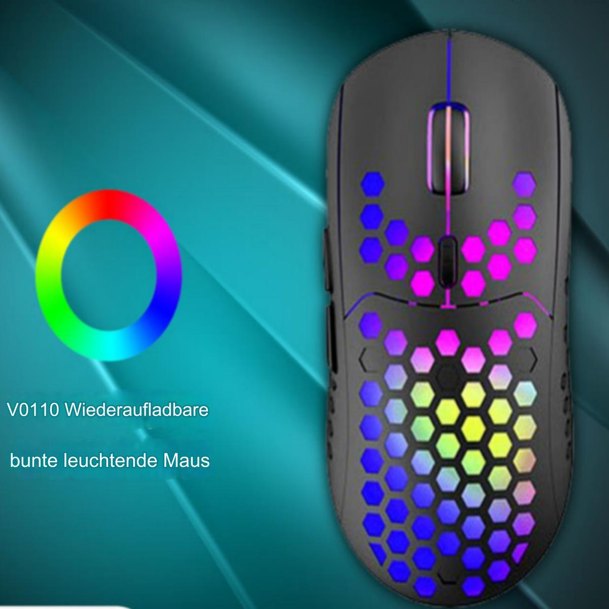 Schwarze kabellose Maus mit farbenfrohem beleuchteten Design und Farbrad.