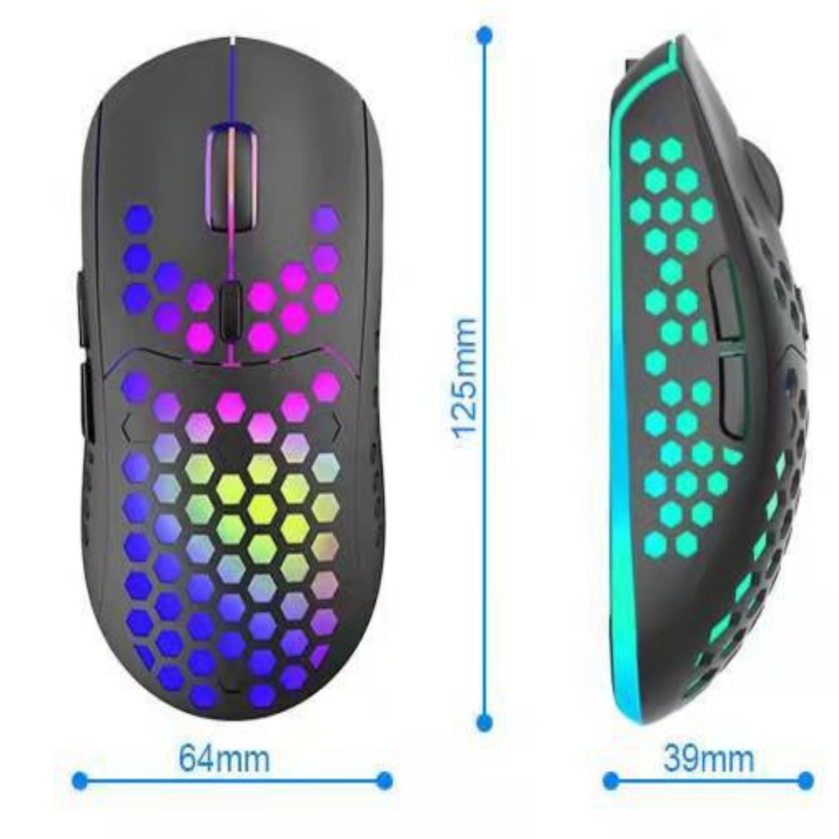 Eine Gaming-Maus mit RGB-Beleuchtung. Die Maus hat ein Wabenmuster und zeigt Abmessungen.