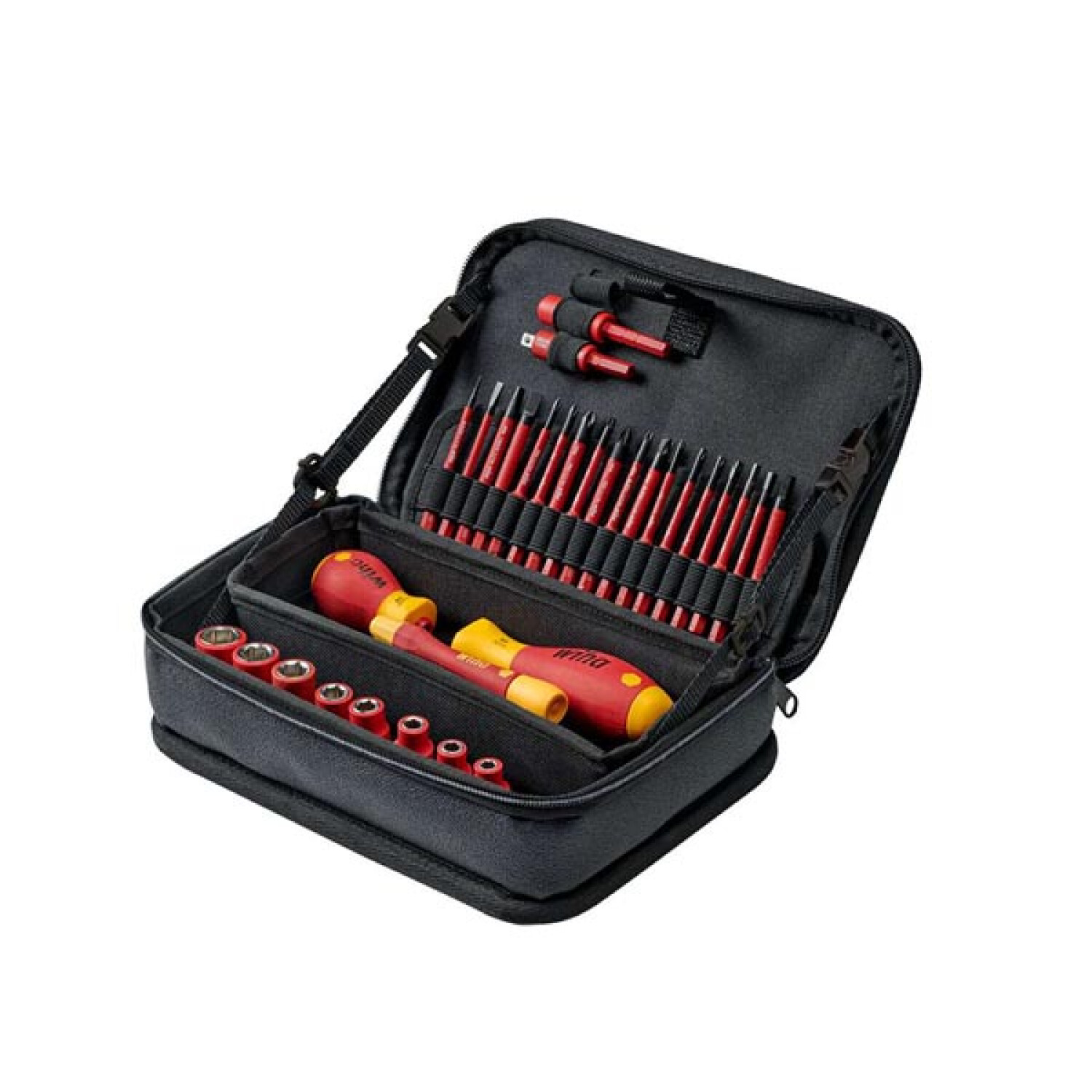 Schwarze Werkzeugtasche geöffnet, zeigt rote und gelbe Schraubendreher und Steckschlüssel.