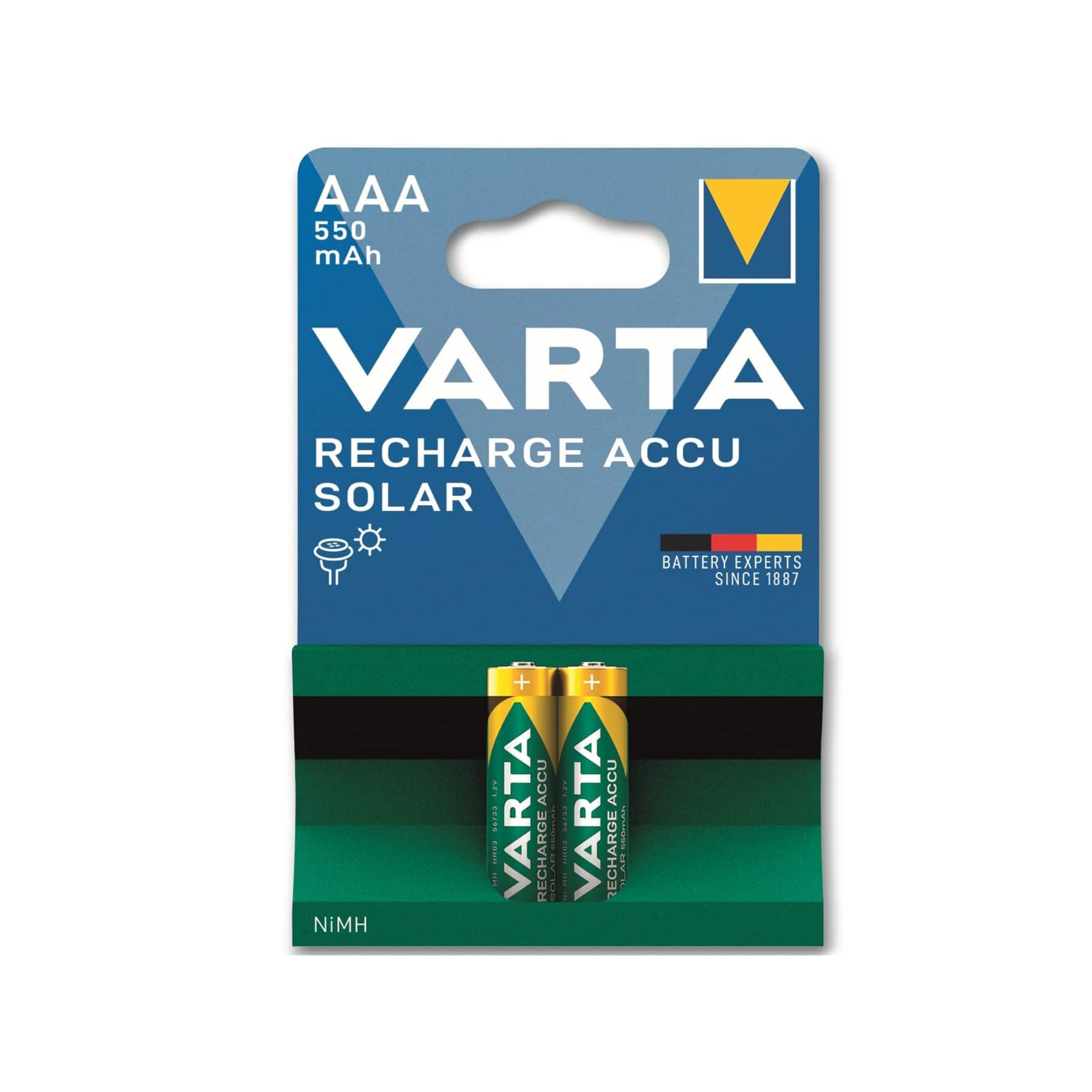 Confezione di due batterie AAA Varta Recharge Accu Solar, confezione blu, sfondo bianco.