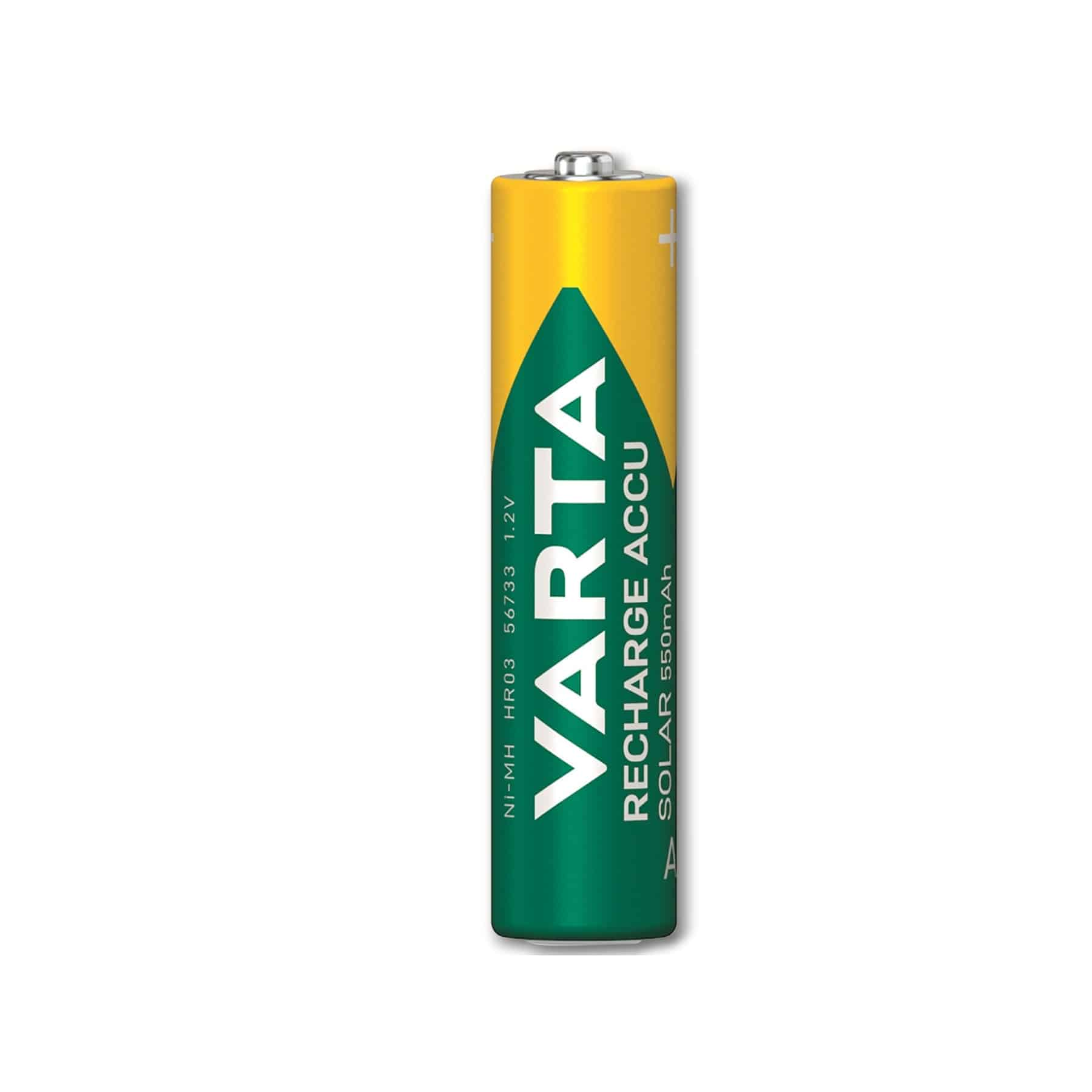 Batteria Varta Recharge Accu Solar AAA, corpo giallo e verde, sfondo bianco.