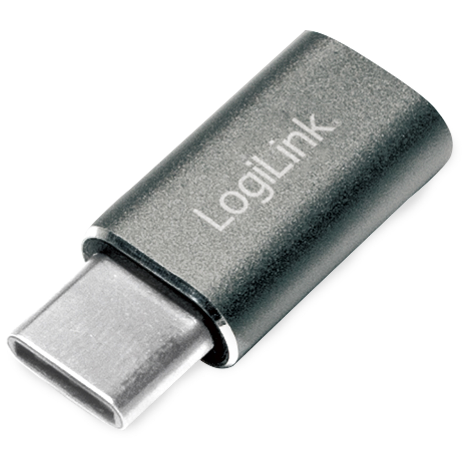 Silberner LogiLink USB-C Adapter. Weißer Hintergrund.