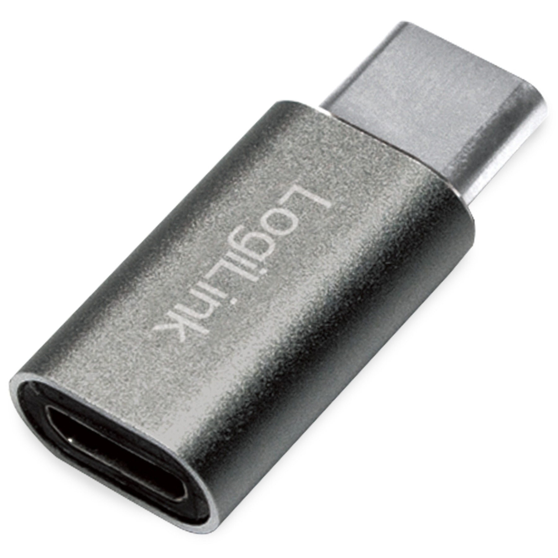 Ein silberner LogiLink USB-C-Adapter auf weißem Hintergrund.