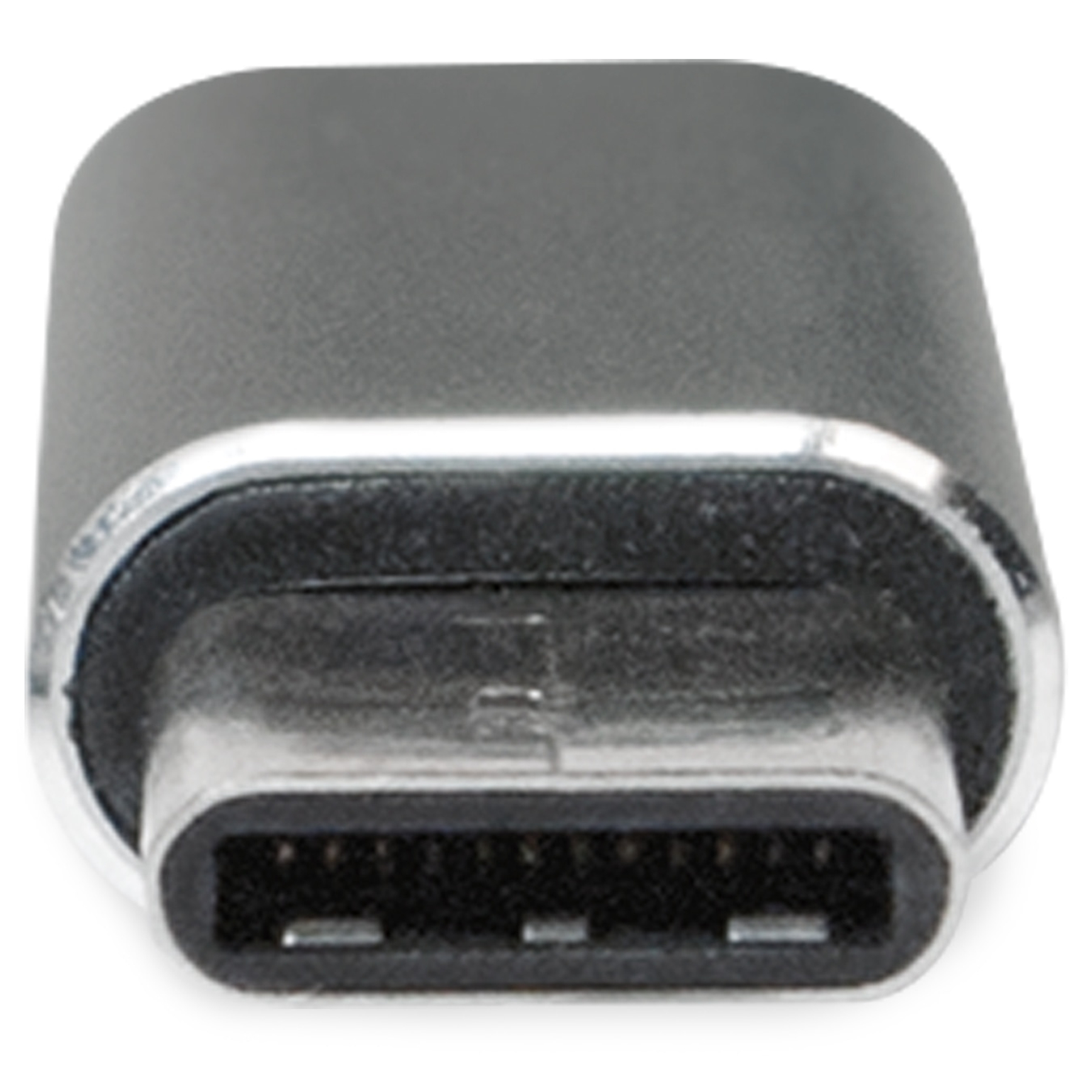 Nahaufnahme eines USB-C-Anschlusses, silberfarben, mit schwarzem Kunststoffsockel, vor weißem Hintergrund.