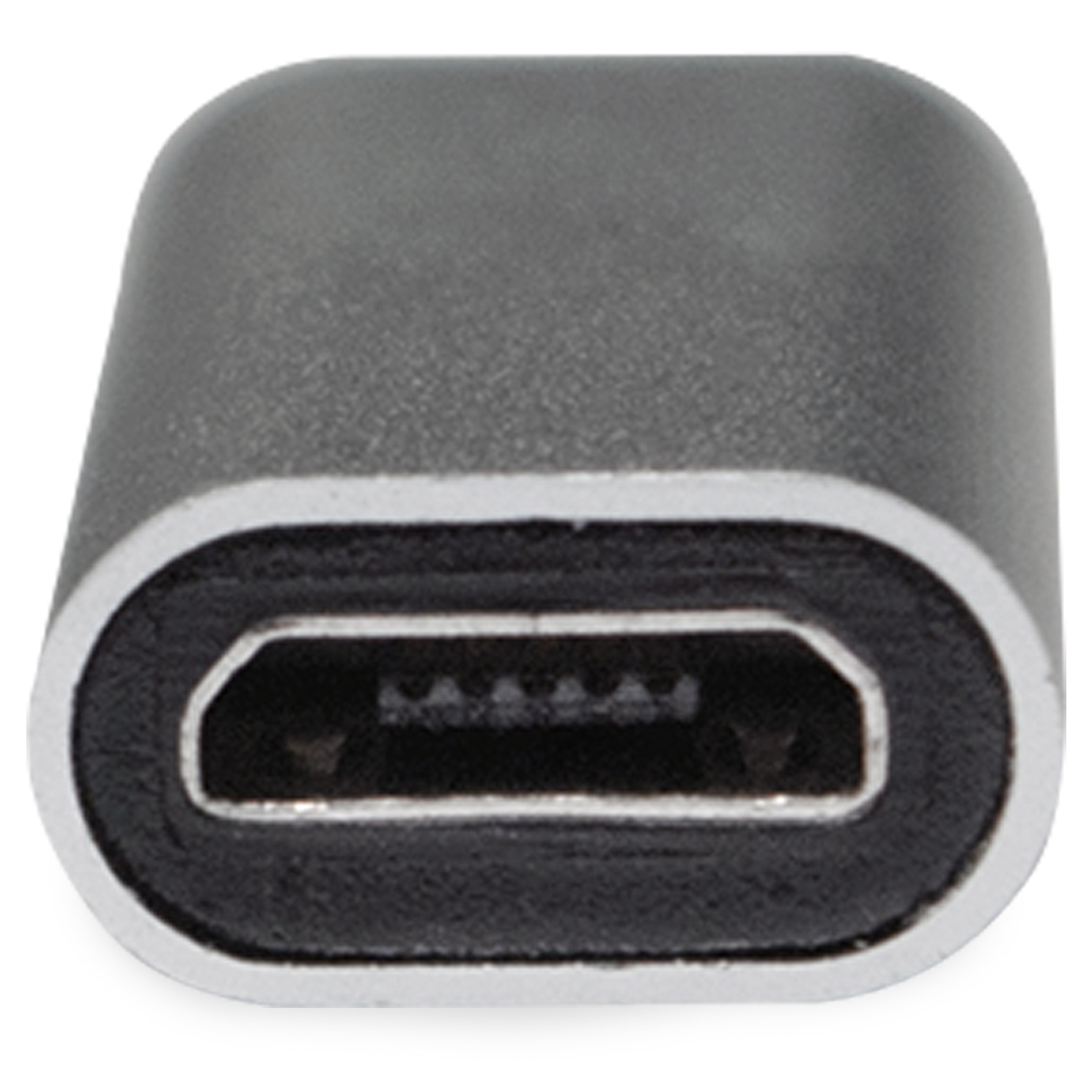 Nahaufnahme eines silbernen USB-C-Anschlusses, der die internen Stifte des Steckers zeigt. Der Anschluss ist grau.
