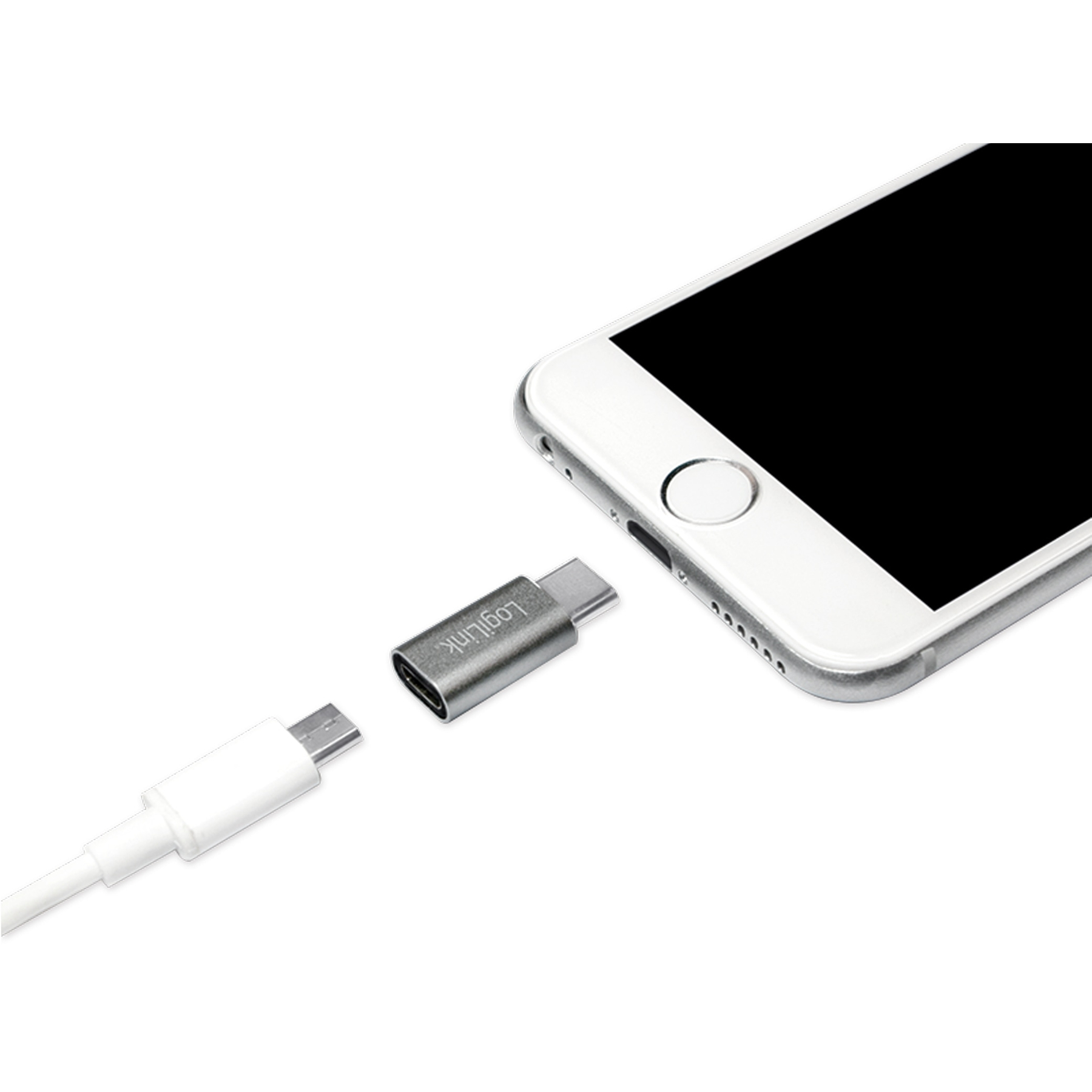 Ein weißes Ladekabel und Adapter, verbunden mit einem silbernen USB-C-Adapter und einem Telefon.