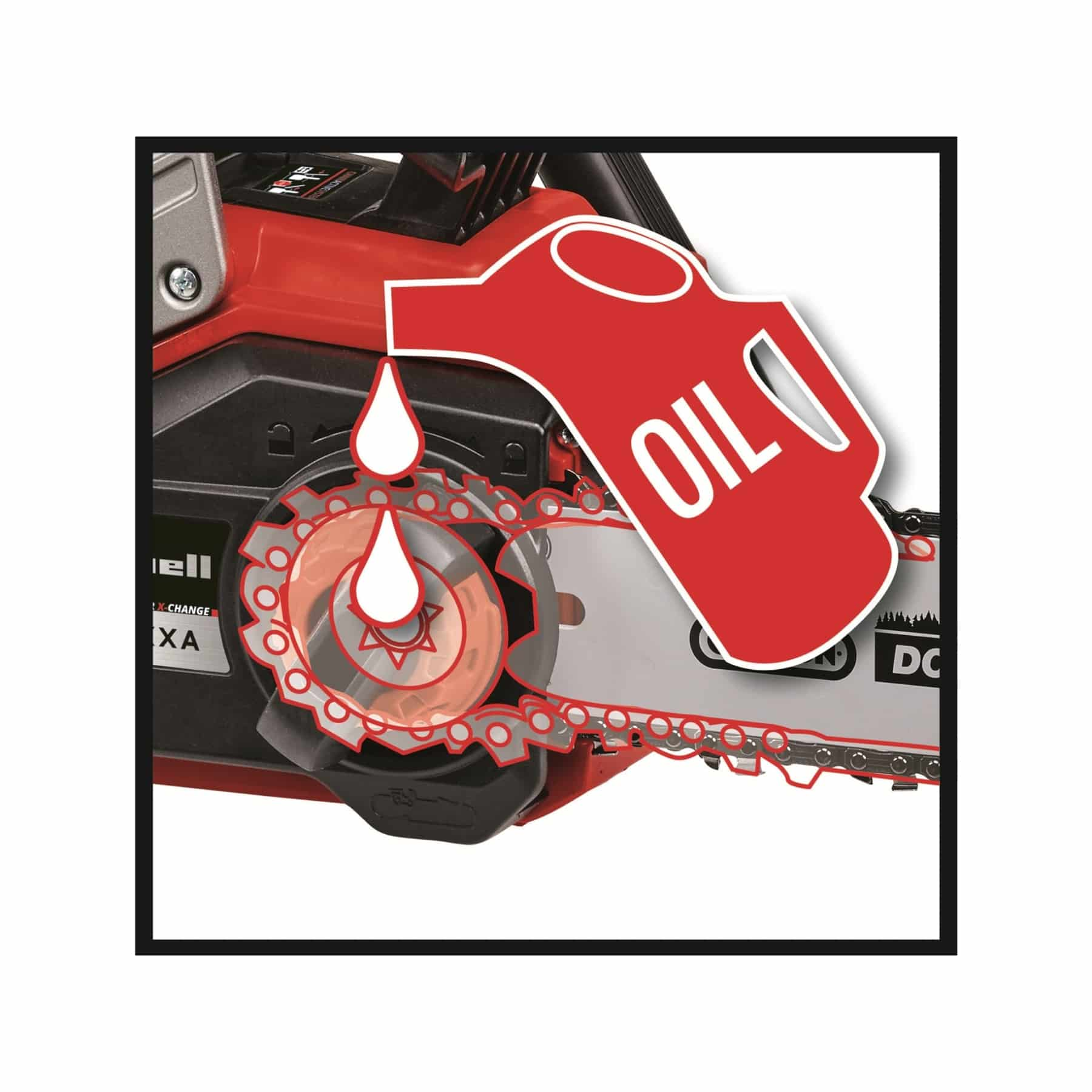 Piła łańcuchowa z olejem wylewanym z czerwonego pojemnika z napisem 'OIL' na łańcuch.