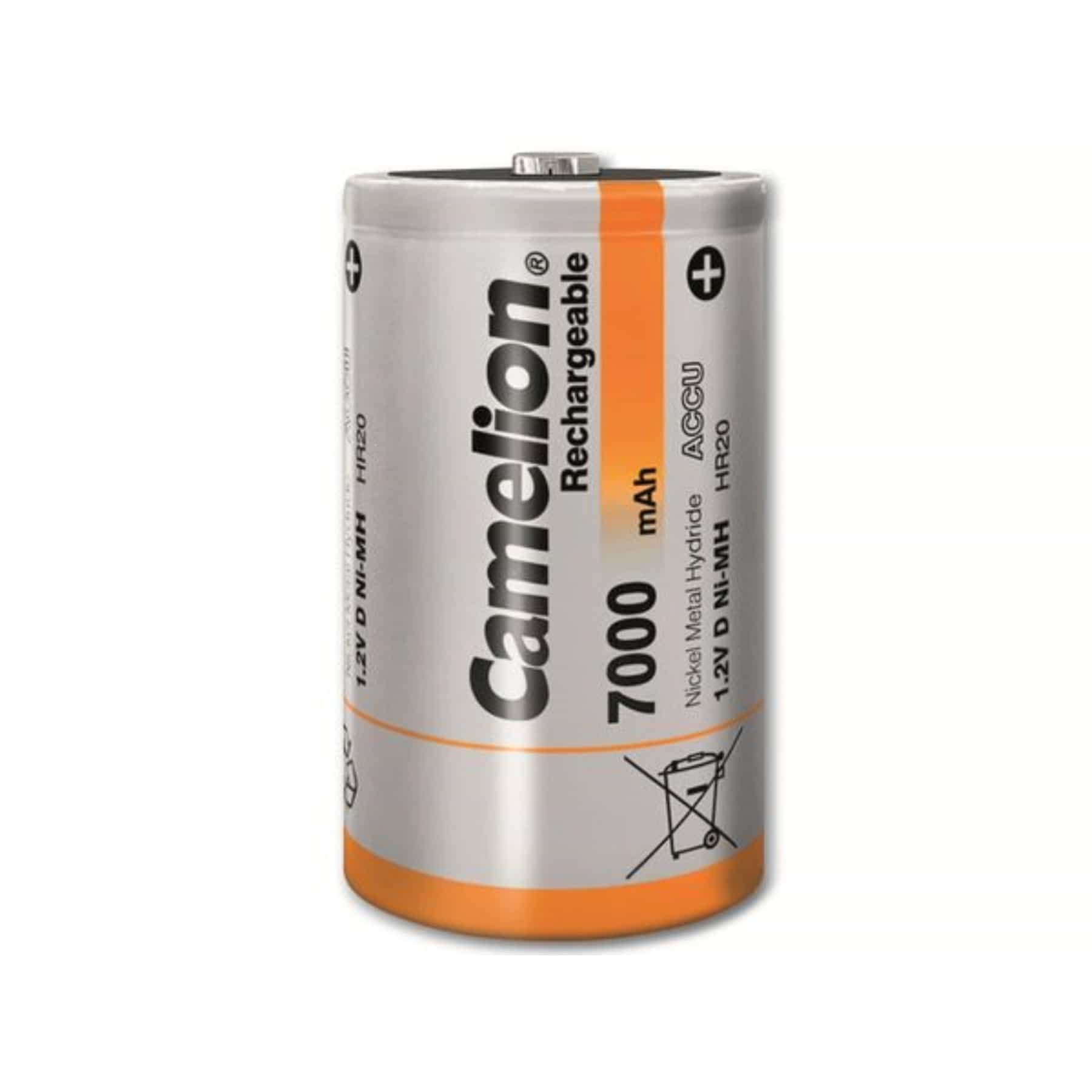 Una batteria ricaricabile cilindrica. È argentata e presenta testo nero e arancione.