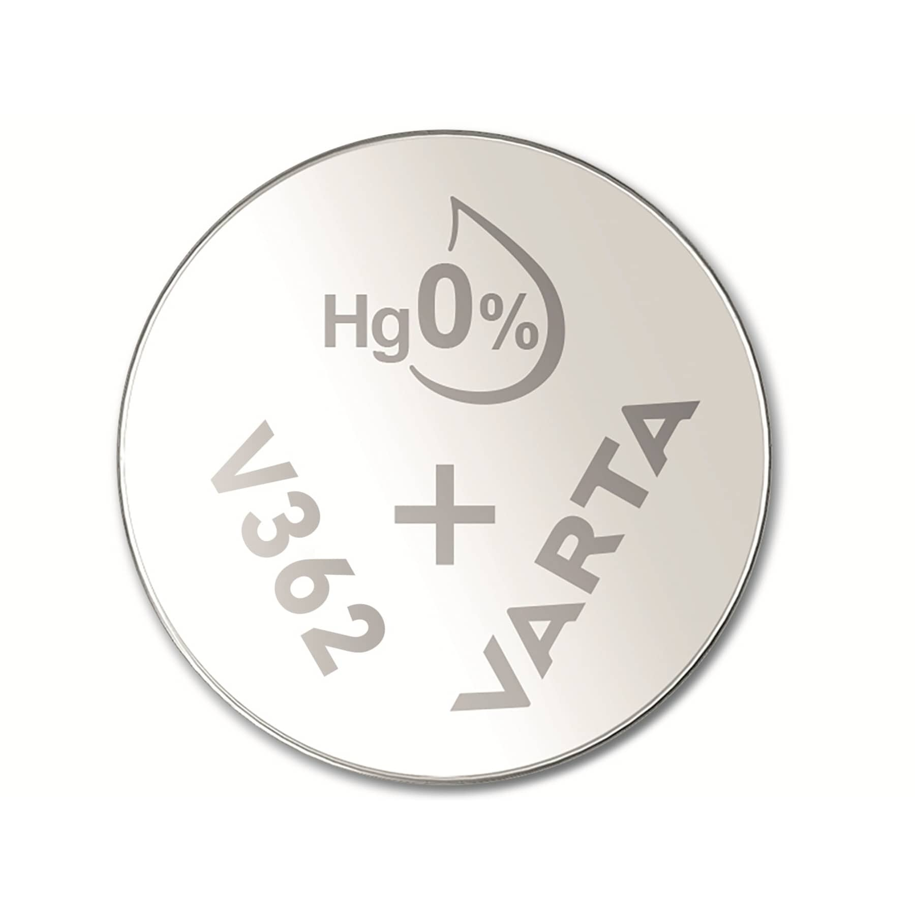Okrągła srebrna bateria Varta. Ma symbol Hg 0% i nadruk V362 + VARTA.