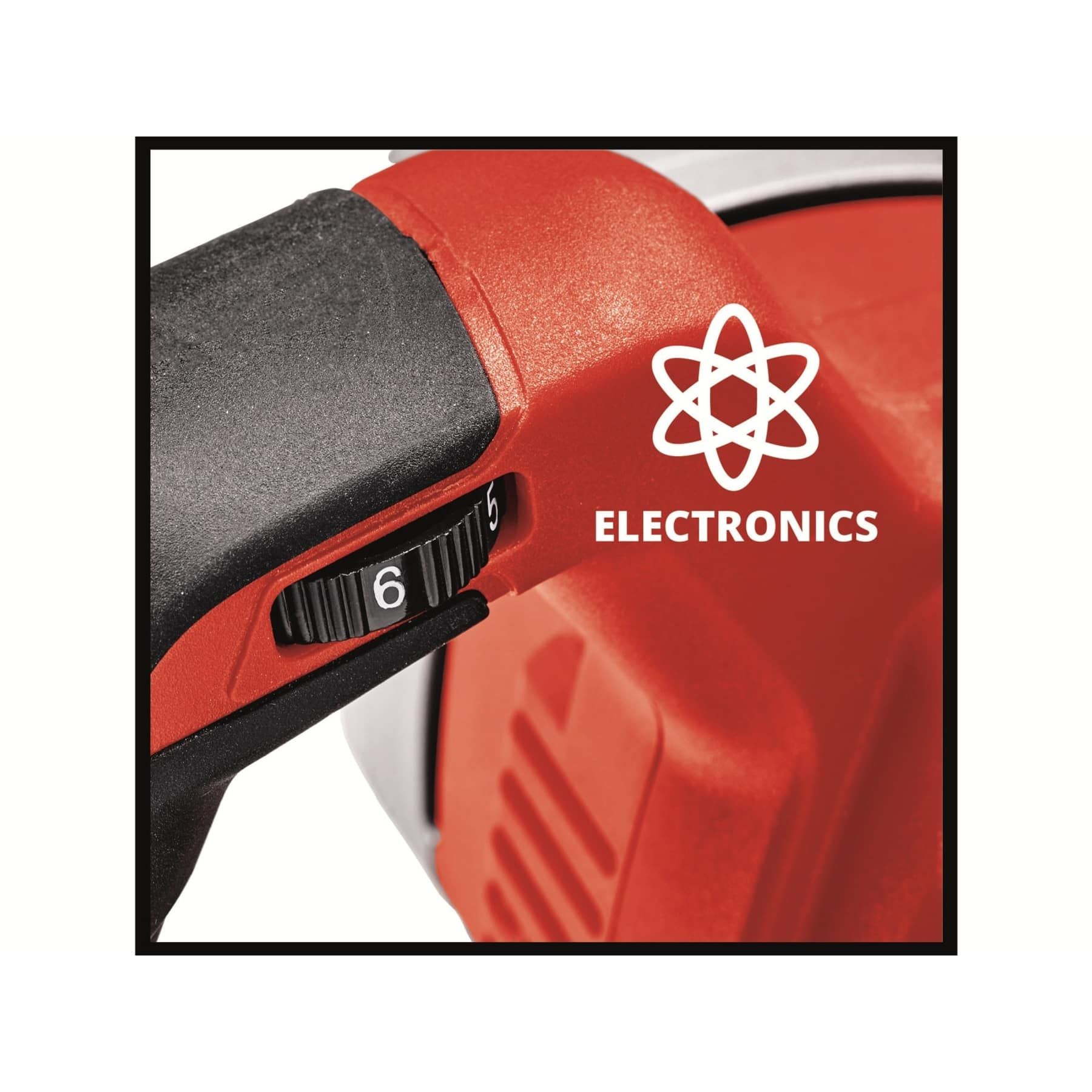 Nahaufnahme von rotem und schwarzem Elektrowerkzeug mit Nummer und Elektroniksymbol.