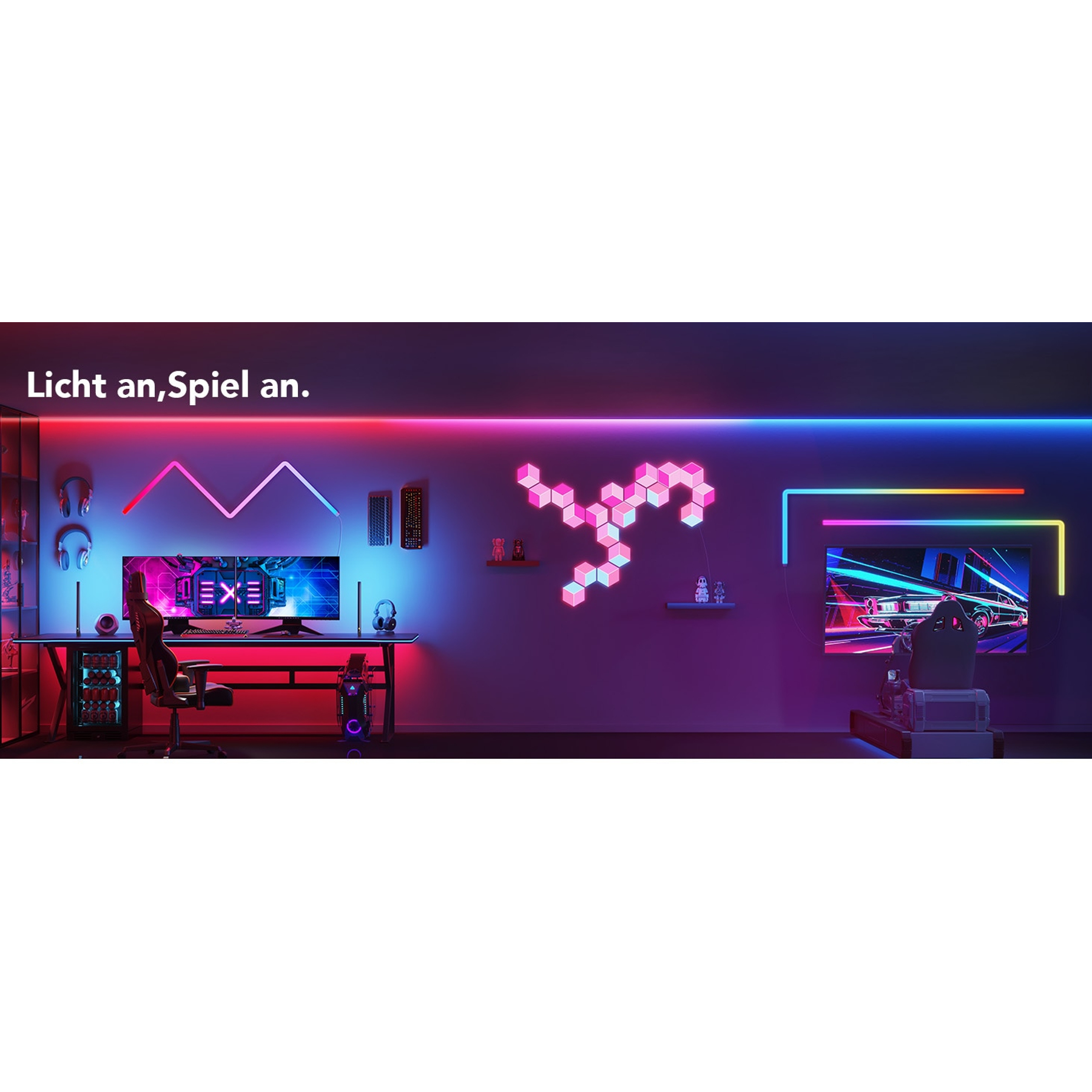Gaming-Setup mit Neonlichtern, einschließlich Schreibtisch, Monitoren und Gaming-Stuhl.
