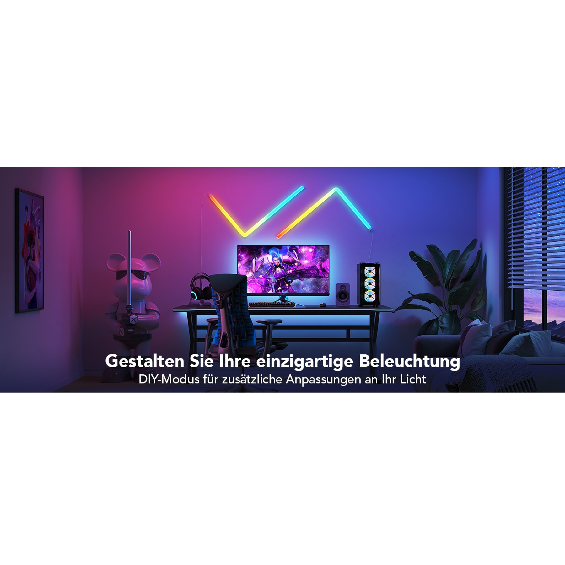 Ein Raum mit einem Computer-Setup. Die Szene wird von Neonlichtern beleuchtet, ein Monitor steht im Mittelpunkt.
