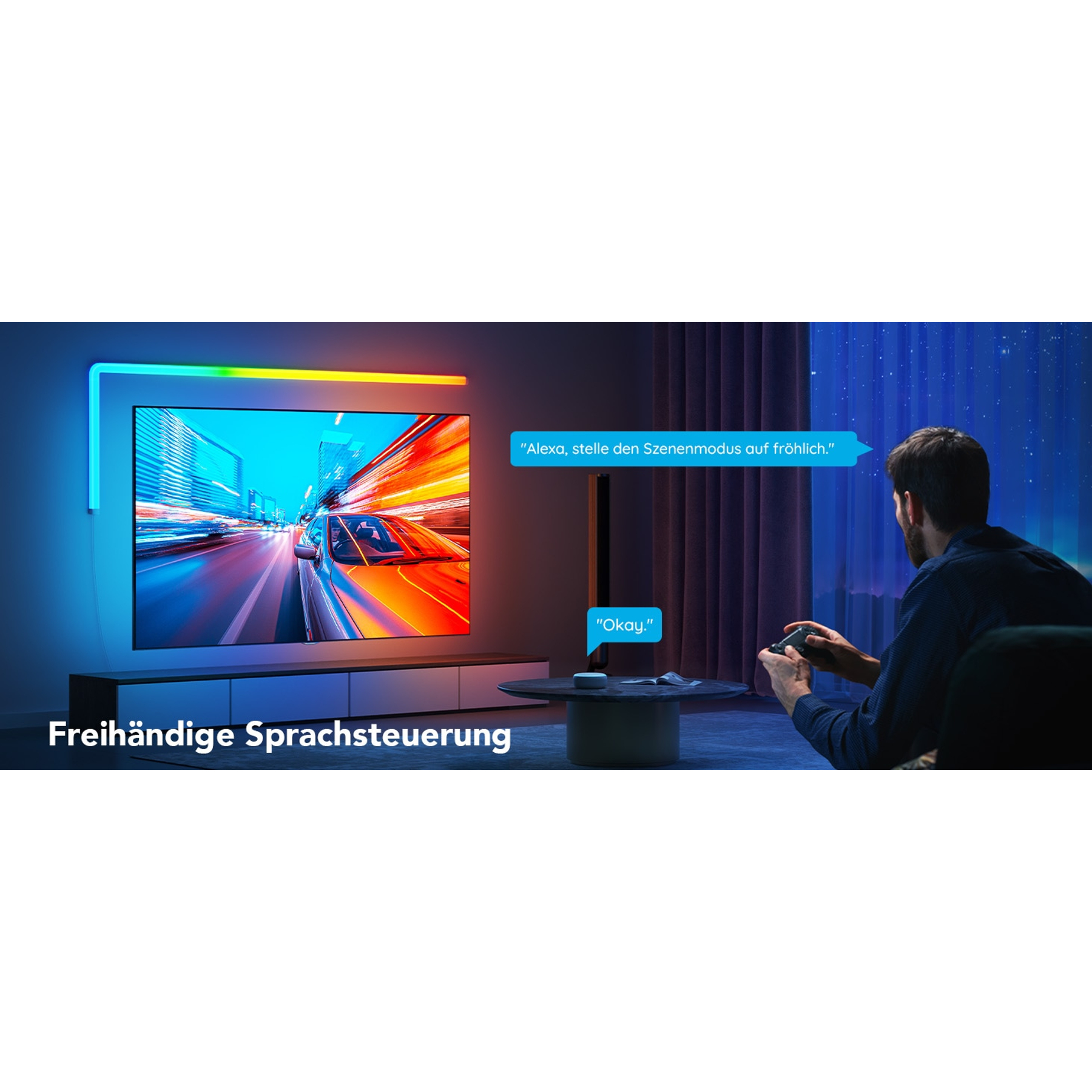 Eine Person spielt ein Spiel auf einem Fernseher mit LED-Leuchten. Es gibt einen Mann in der Ecke.