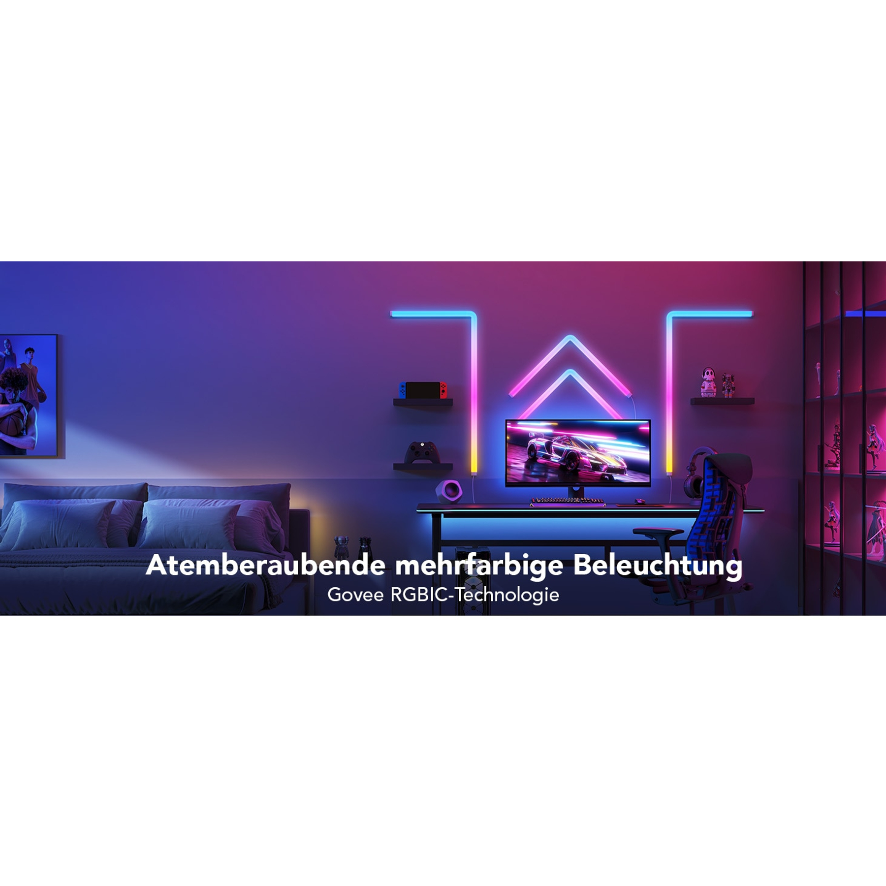 Gaming-Setup mit Monitor, Lichtern und Konsole. Pinke und blaue Lichter.