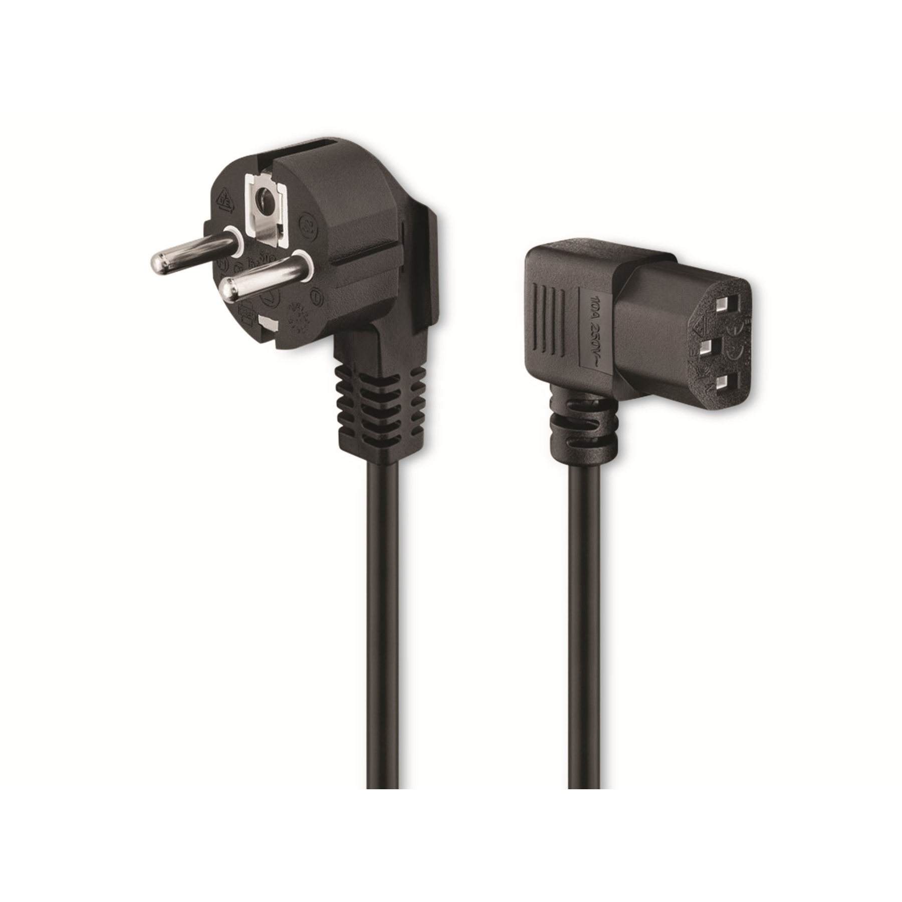 Czarny przewód zasilający z dwoma wtyczkami, pod kątem, białe tło.