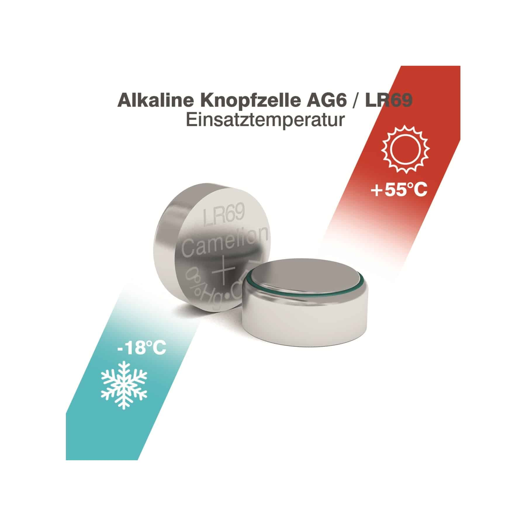 Dwie baterie pastylkowe. Jedna z przodu, druga z tyłu. Tekst: Alkaline Knopfzelle AG6/LR69. Czerwone i niebieskie strzałki.