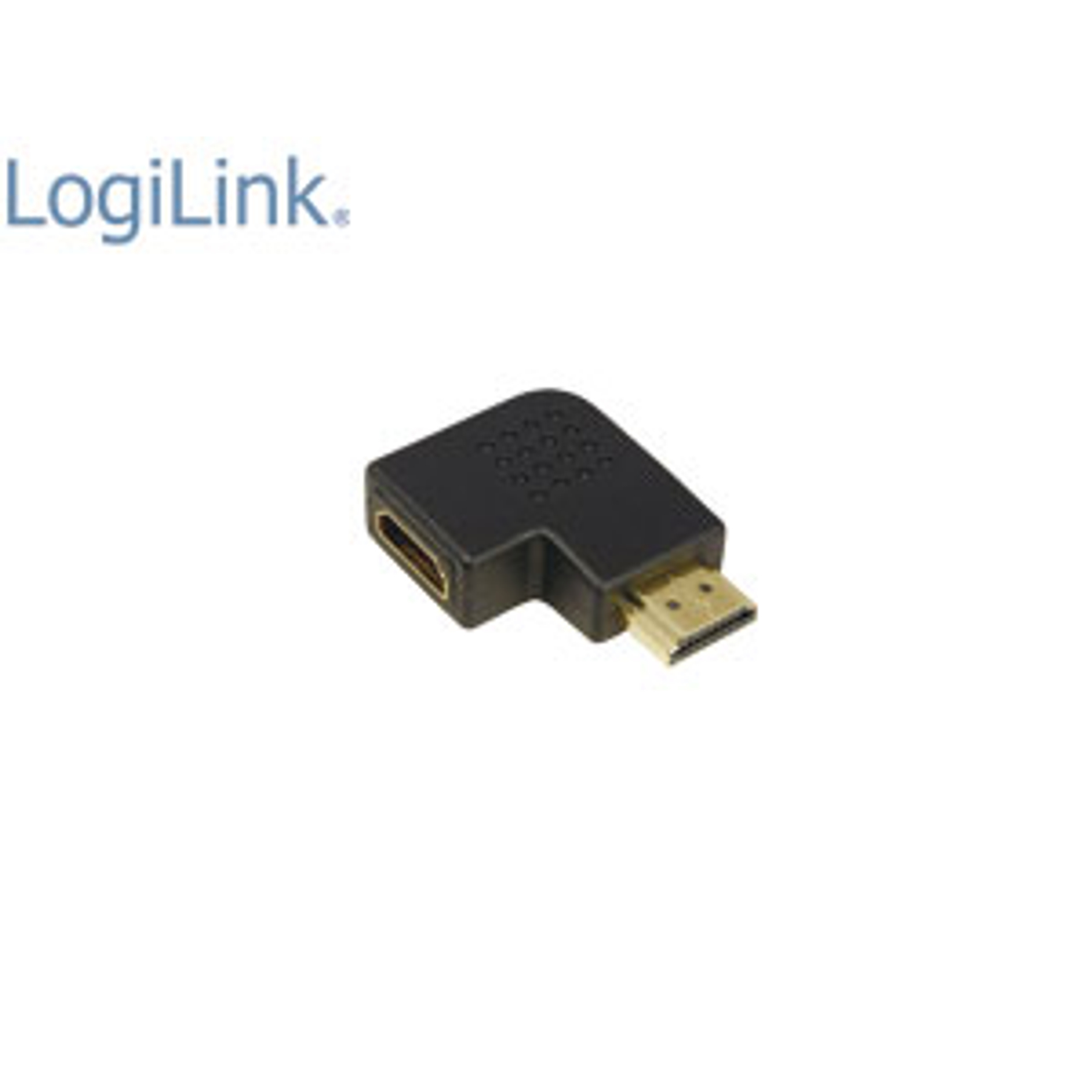 Schwarzer HDMI-Adapter mit Goldanschlüssen, abgewinkeltem Design und dem Markennamen LogiLink.
