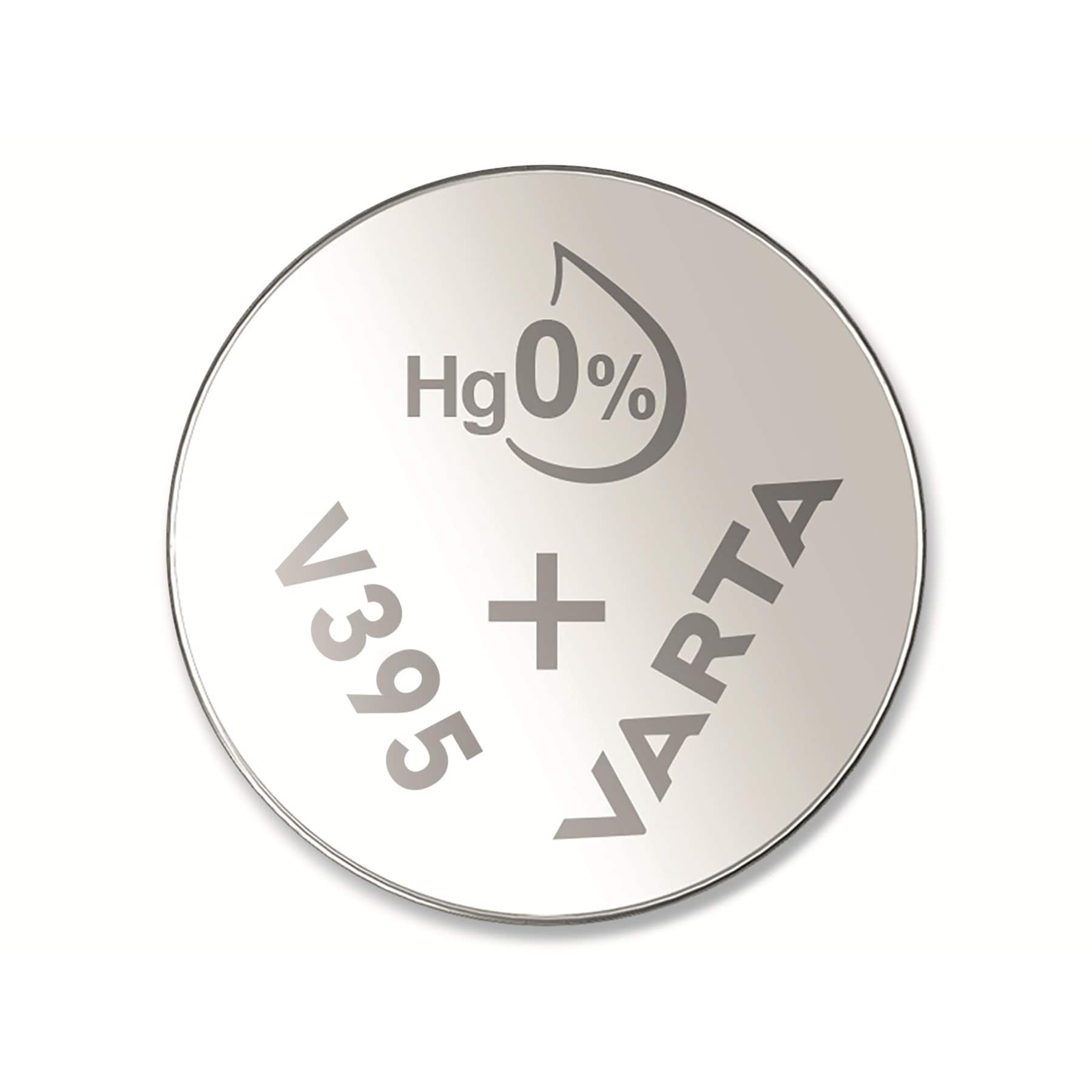 Srebrna bateria VARTA V395 z etykietą Hg 0%. Białe tło.