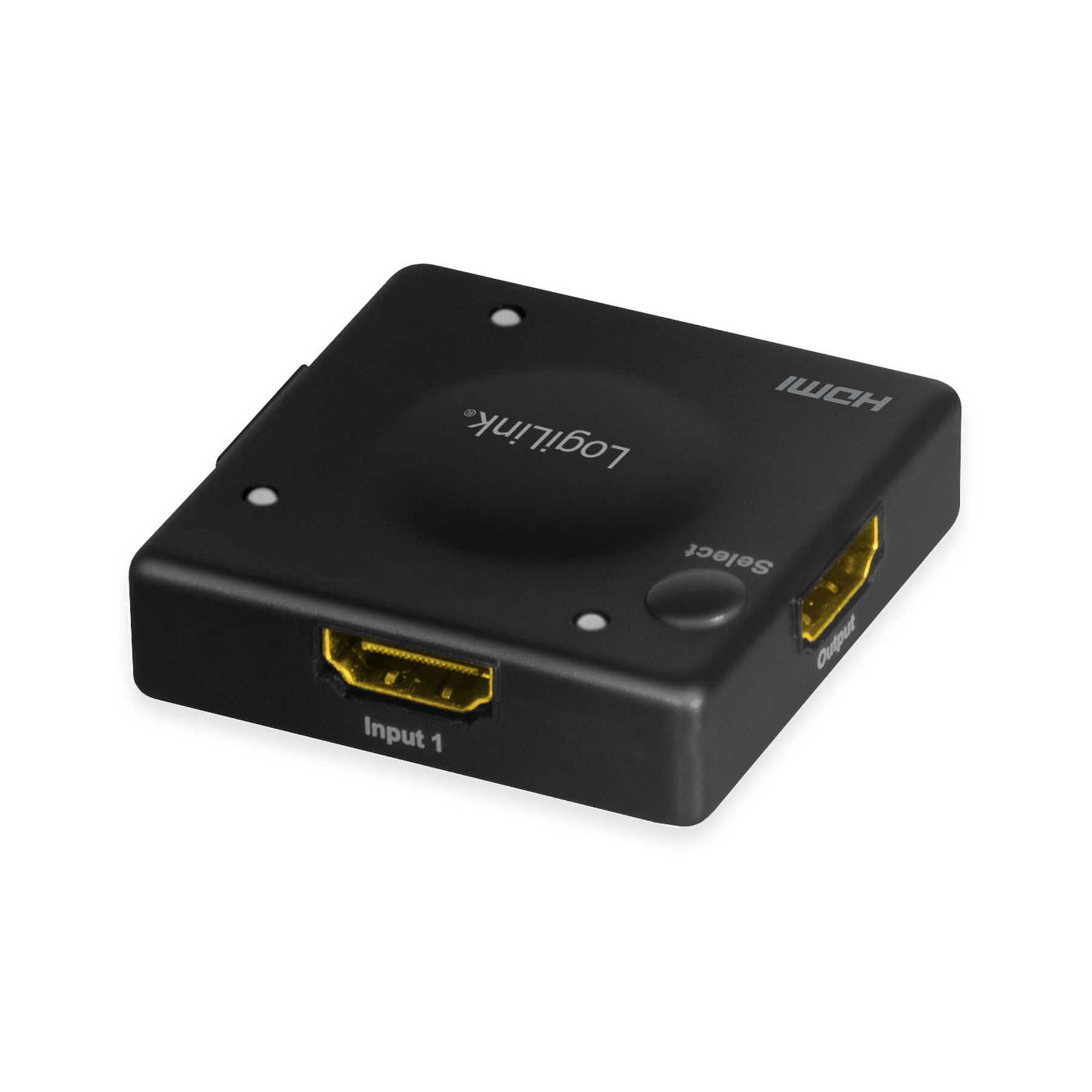 Schwarzer HDMI-Switch mit beschrifteten Eingangs- und Ausgangsanschlüssen.