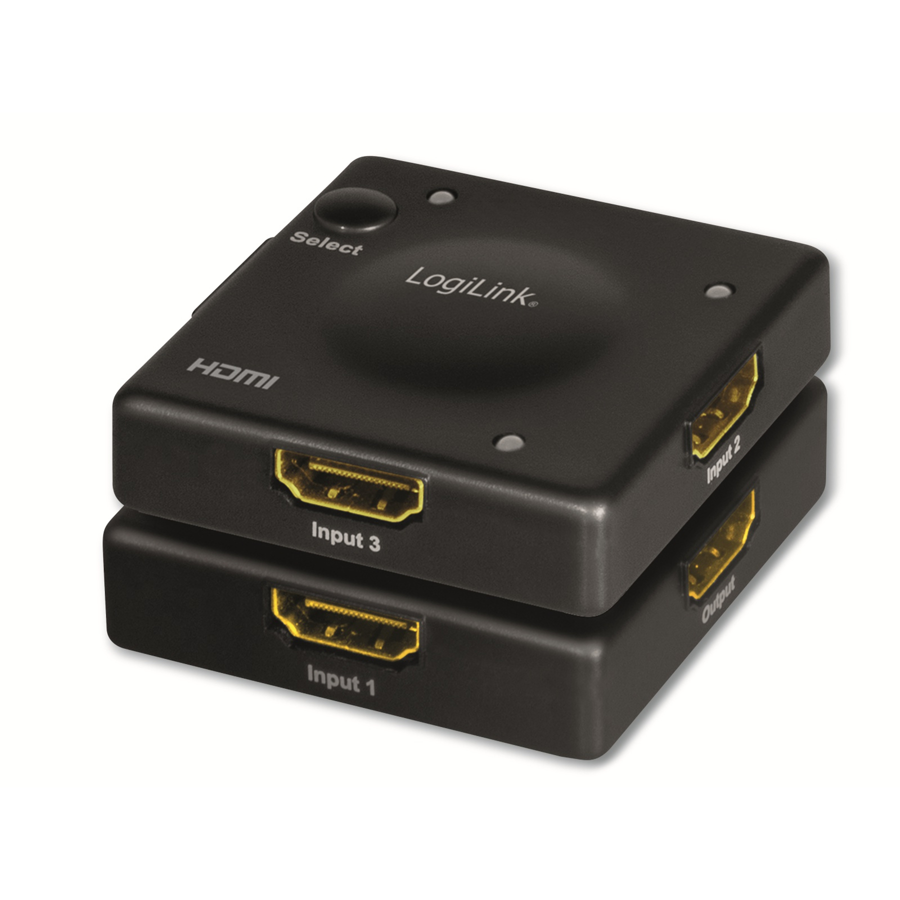 Schwarzer HDMI-Switch mit mehreren HDMI-Ein- und Ausgängen, übereinander gestapelt.