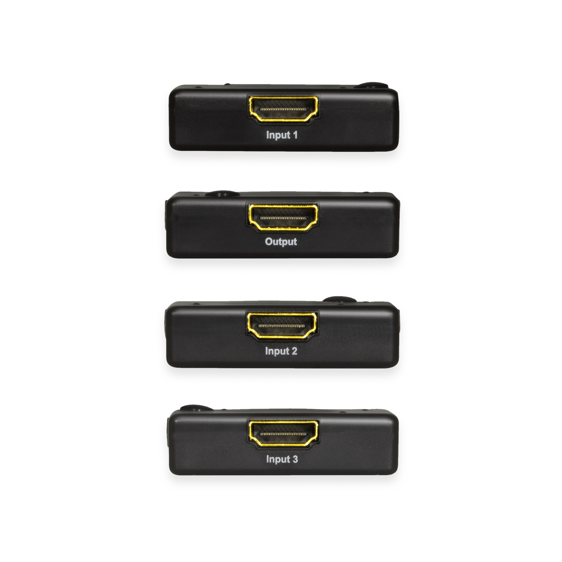 Vier schwarze HDMI-Anschlüsse mit goldfarbenen Eingängen, beschriftet mit 'Input 1' bis 'Input 3' und 'Output'.