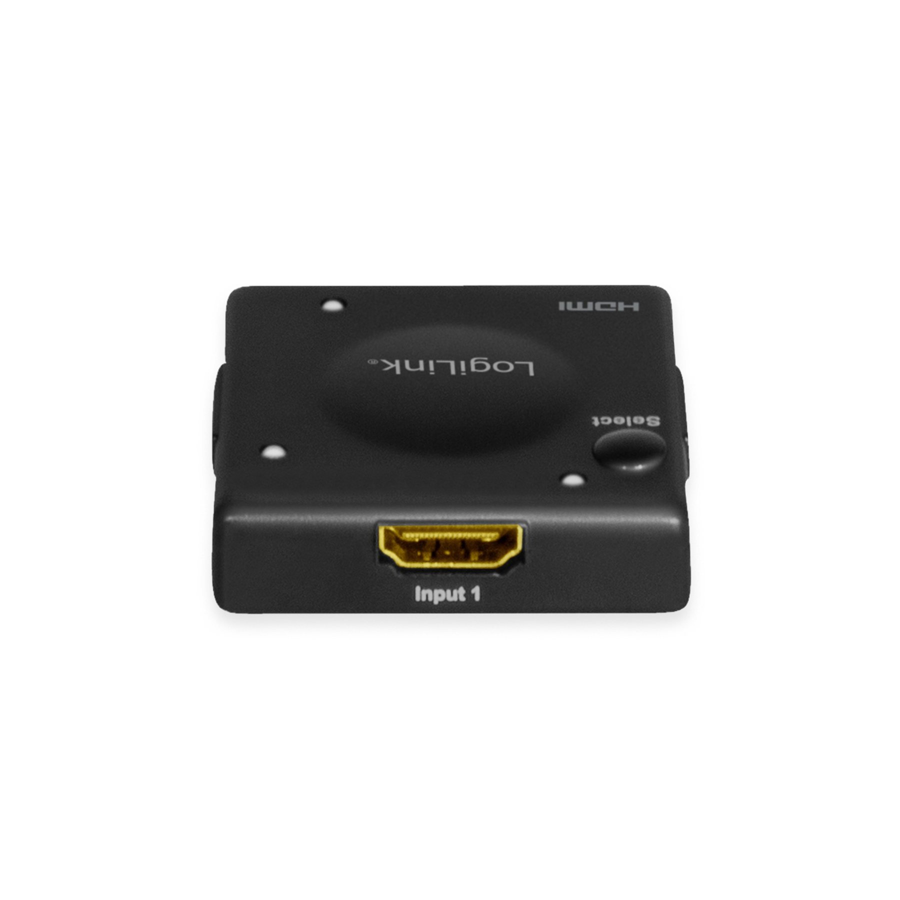 Schwarzer HDMI-Selektor mit einem Eingang und einer Auswahltaste. Weißer Hintergrund.