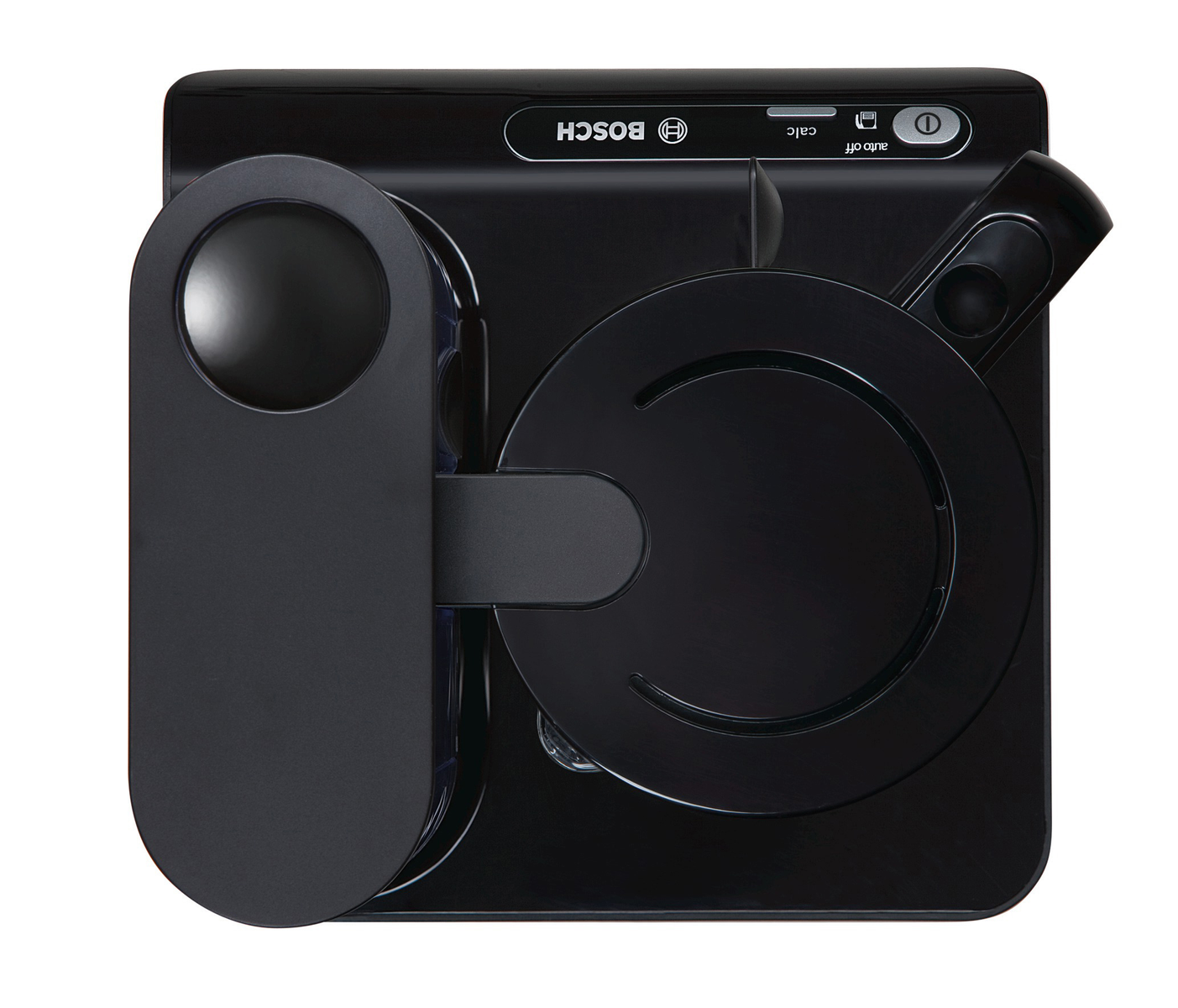 Czarny robot sprzątający z okrągłymi i kwadratowymi częściami, logo Bosch na górze.