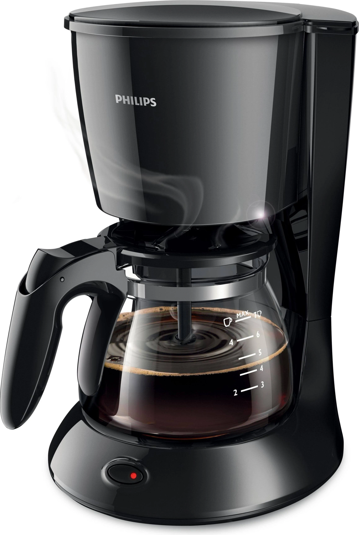 Cafetera Philips negra preparando café. La jarra es de cristal y está llena de café. Vapor ascendente.
