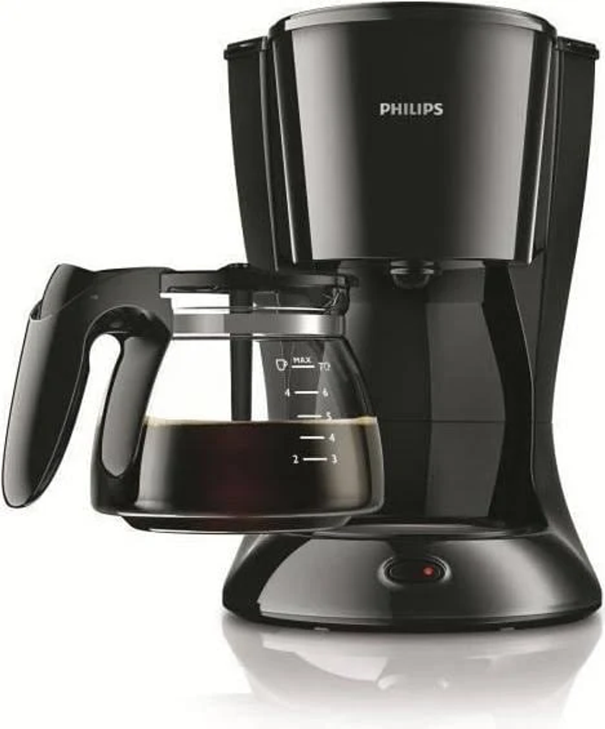 Cafetera Philips negra con jarra de vidrio con café y botón de encendido rojo.