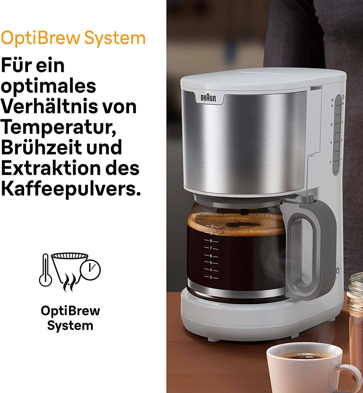 Ekspres do kawy Braun ze szklaną karafką i filiżanką kawy.