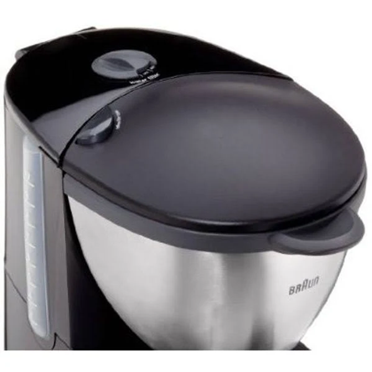 Zwarte Braun keukenmachine. Zwart deksel en zilveren kom.