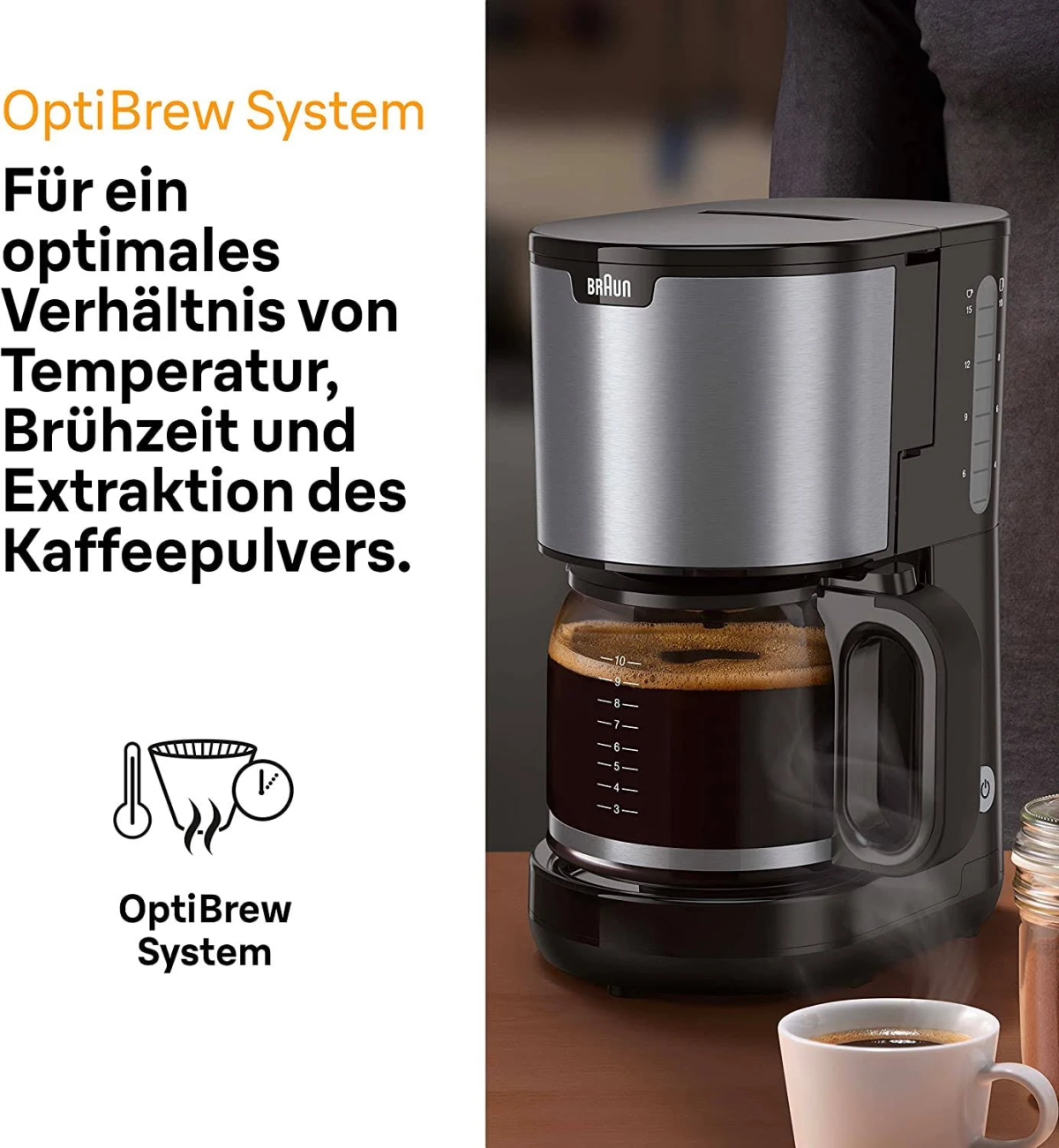 Ekspres do kawy z kawą w środku. Tekst mówi OptiBrew System dla najlepszej temperatury i ekstrakcji.