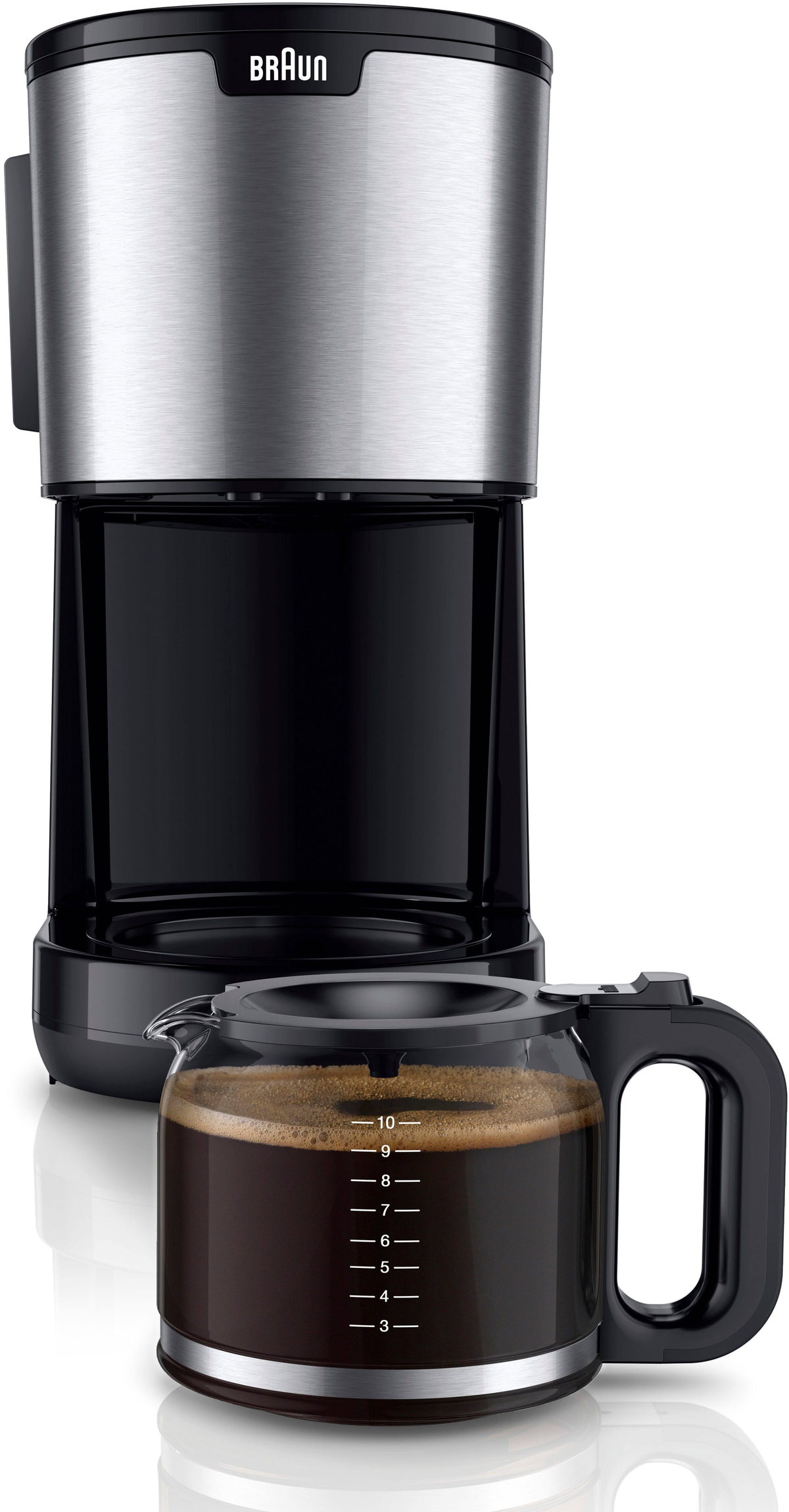 Ekspres do kawy Braun. Srebrny i czarny design. Szklany dzbanek z kawą i miarkami.
